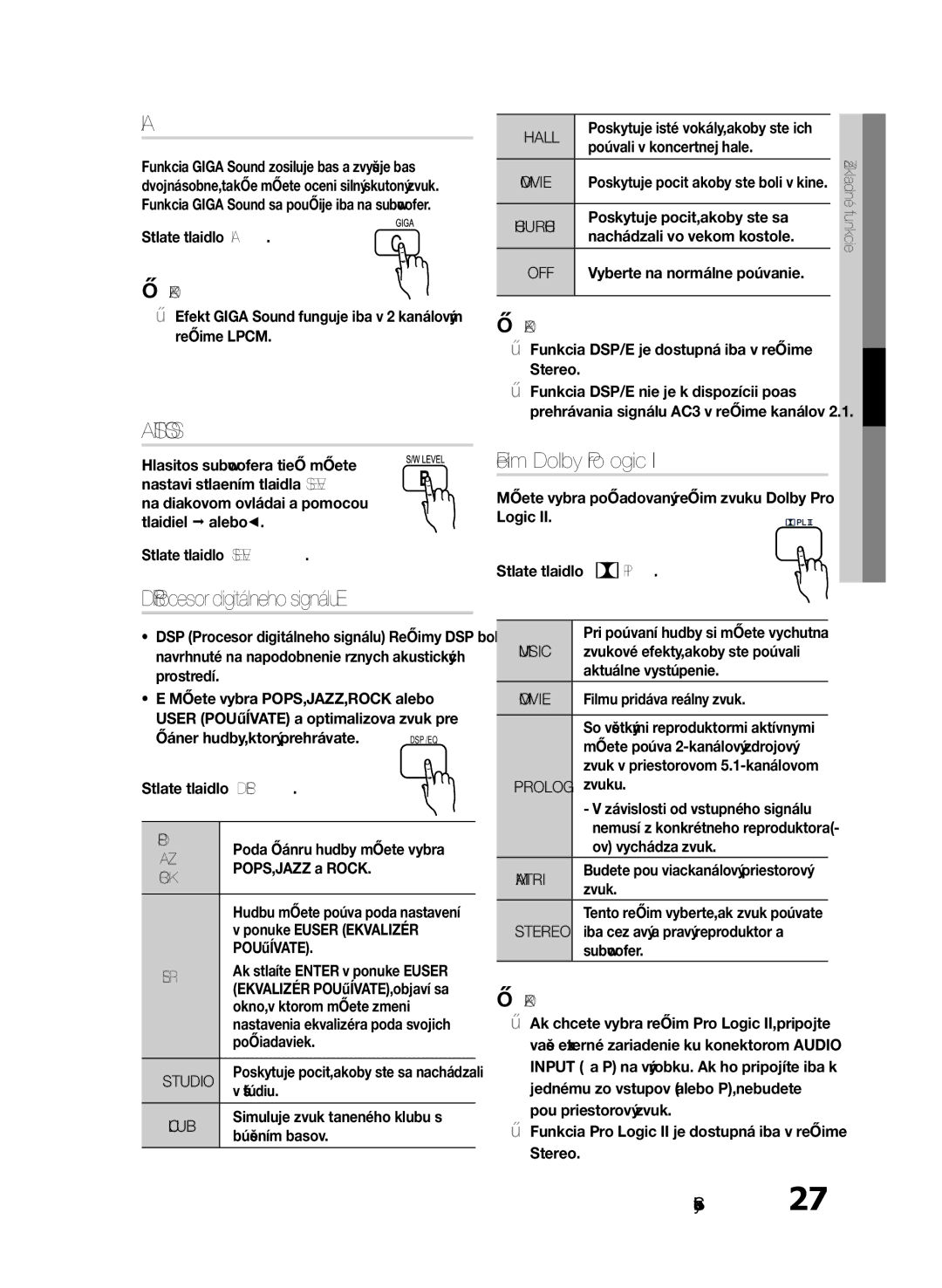 Samsung HT-E330/EN manual Hlasitosť S/W, Režim Dolby Pro Logic, DSP Procesor digitálneho signálu/EQ, Používateľ, Hall 