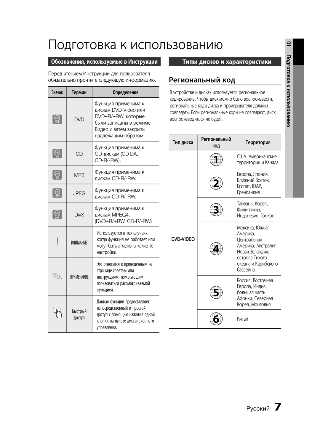 Samsung HT-E330K/RU manual Подготовка к использованию, Региональный код, Типы дисков и характеристики, MP3 