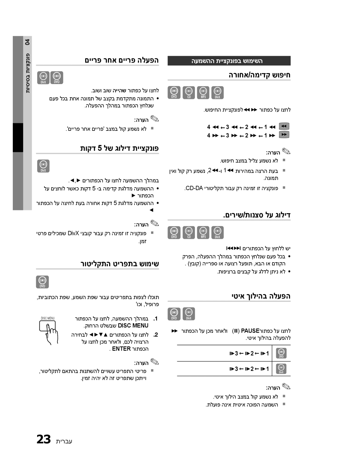 Samsung HT-E330K/SQ manual םיירפ רחא םיירפ הלעפה, תוקד 5 לש גוליד תייצקנופ, רוטילקתה טירפתב שומיש, הרוחא/המידק שופיח 