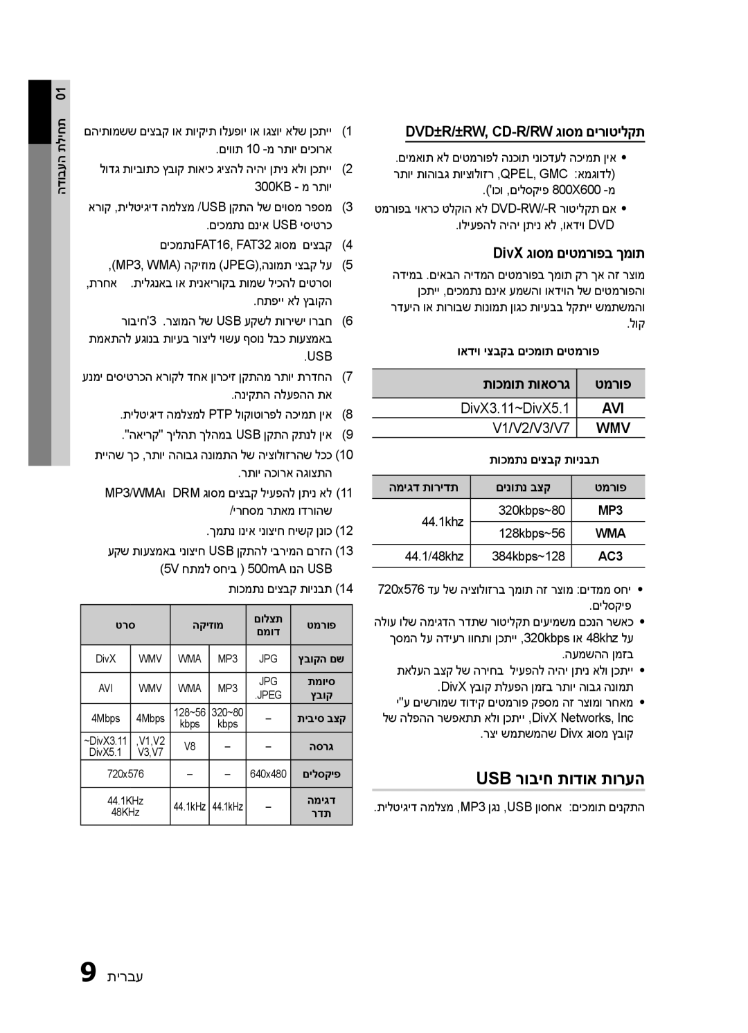 Samsung HT-E330K/SQ Usb רוביח תודוא תורעה, Dvd±R/±Rw, Cd-R/Rw גוסמ םירוטילקת, DivX גוסמ םיטמרופב ךמות, תוכמות תואסרג טמרופ 