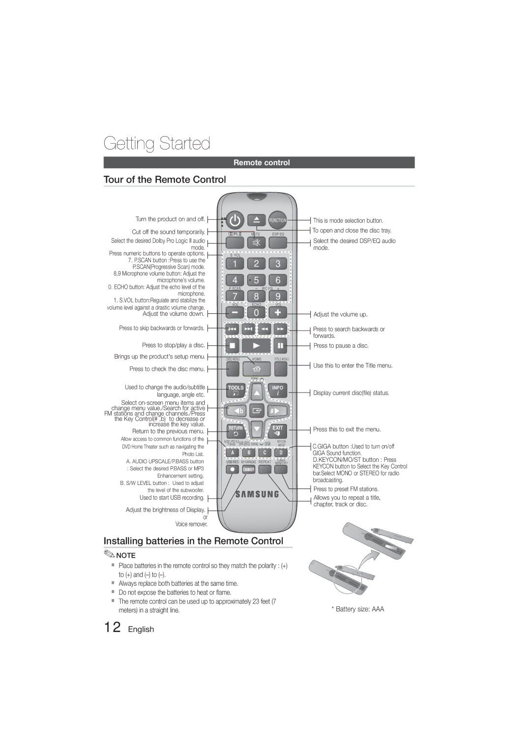 Samsung HT-E330K/KE, HT-E330K/ZN Tour of the Remote Control, Installing batteries in the Remote Control, Remote control 