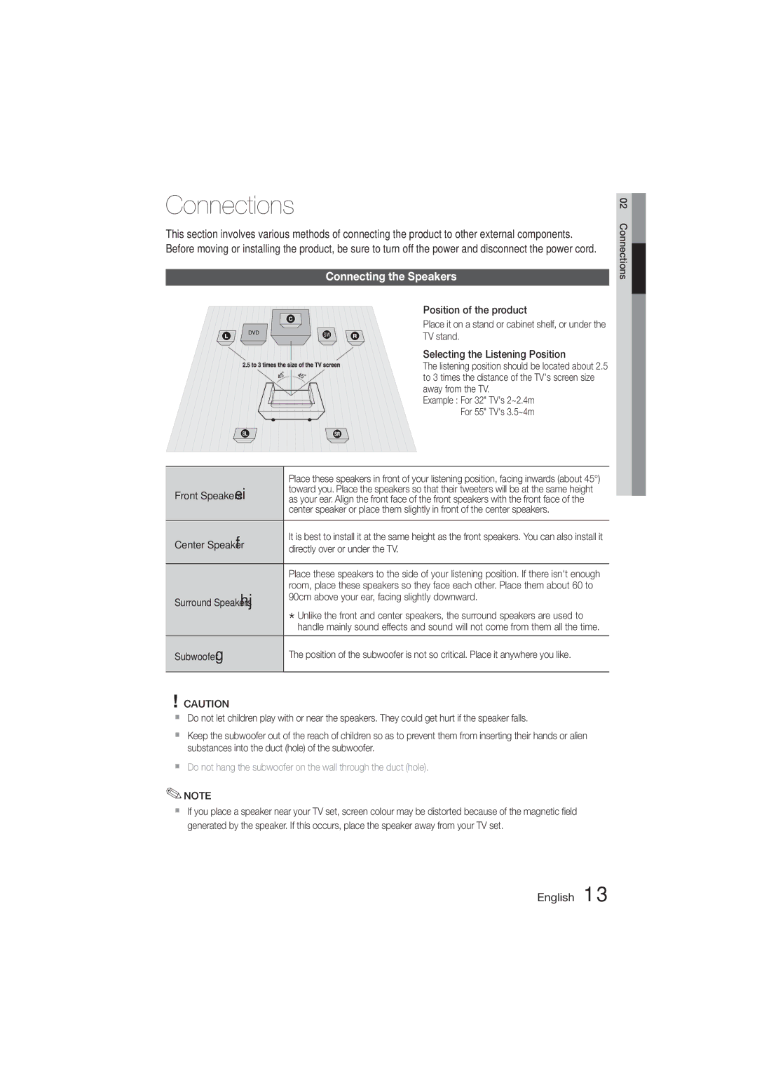 Samsung HT-E330K/UM, HT-E330K/ZN, HT-E330K/SJ, HT-E330K/KE, HT-E330K/SQ manual Connections, Connecting the Speakers 