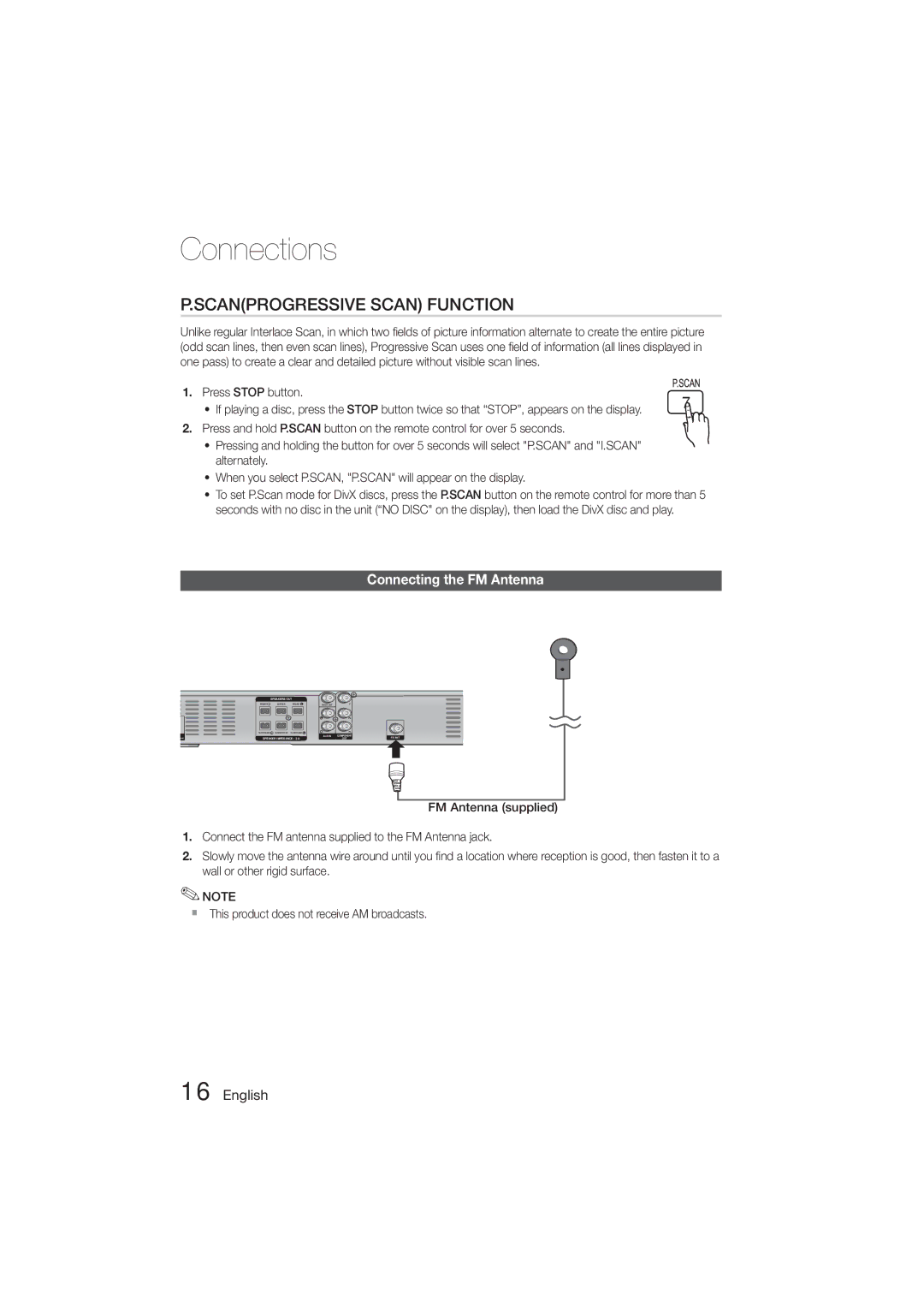 Samsung HT-E330K/SJ, HT-E330K/ZN, HT-E330K/KE, HT-E330K/UM, HT-E330K/SQ manual Connecting the FM Antenna, Press Stop button 