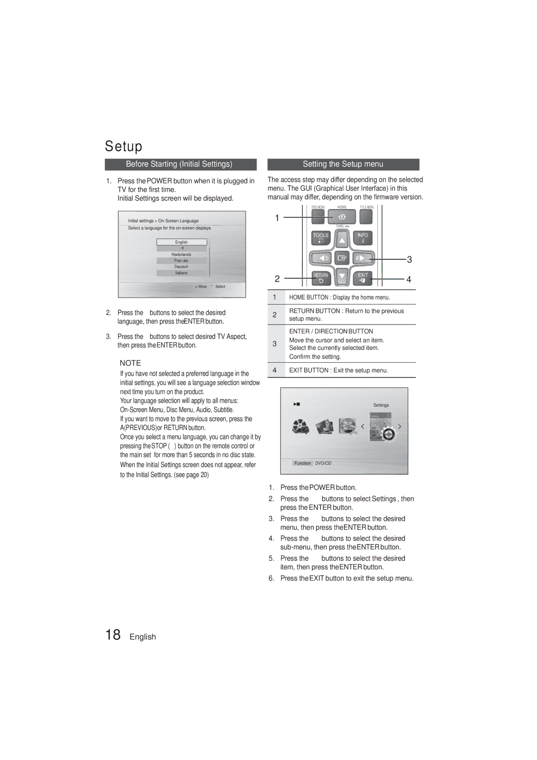 Samsung HT-E330K/UM, HT-E330K/ZN, HT-E330K/SJ, HT-E330K/KE manual Before Starting Initial Settings, Setting the Setup menu 