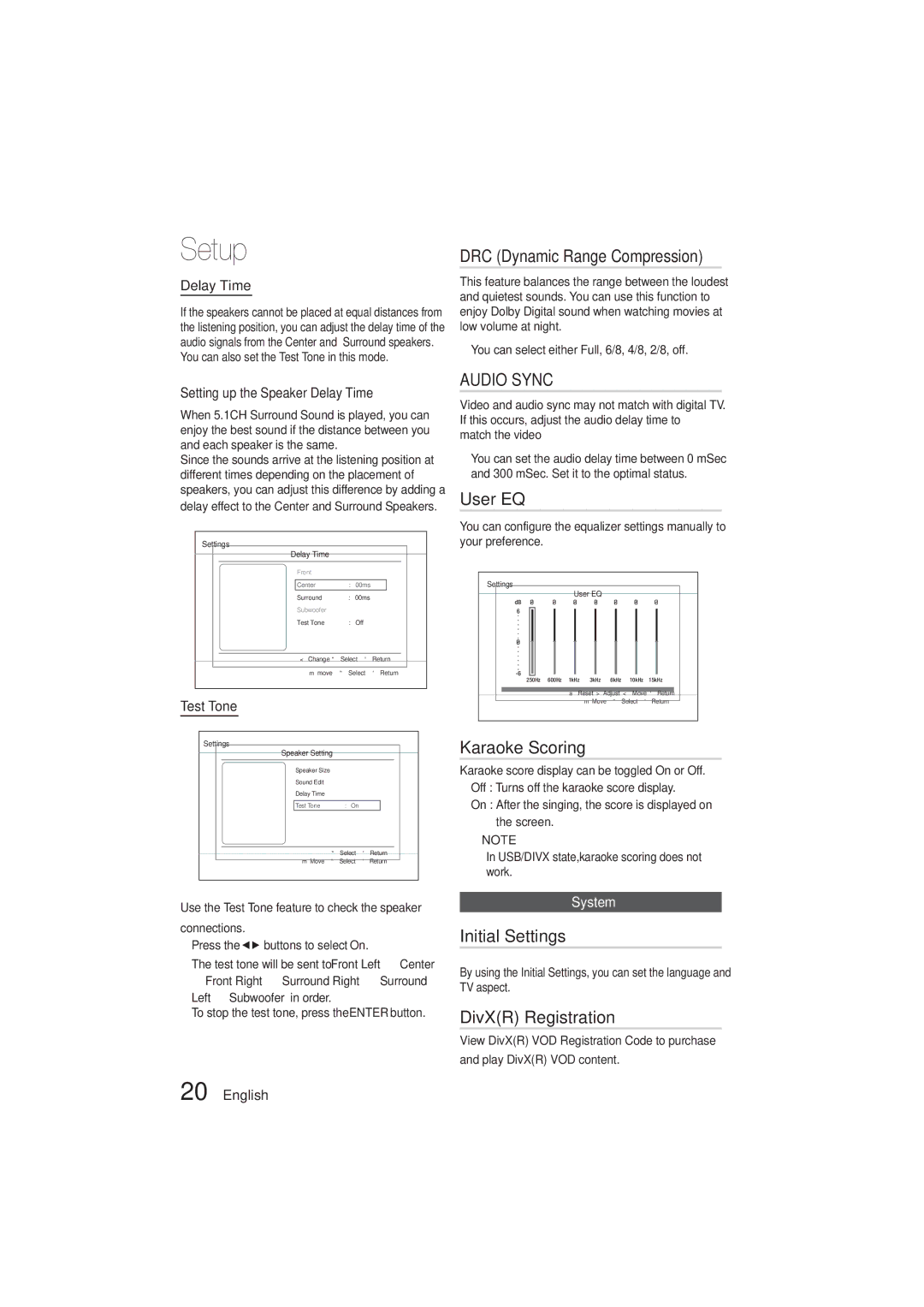 Samsung HT-E330K/ZN manual DRC Dynamic Range Compression, User EQ, Karaoke Scoring, Initial Settings, DivXR Registration 