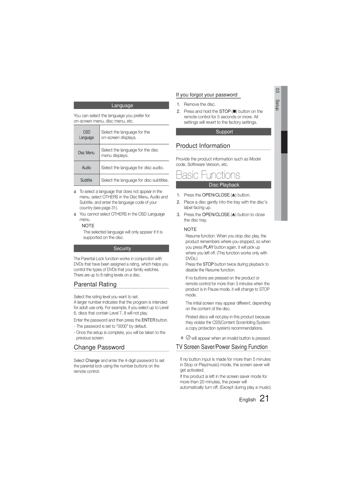 Samsung HT-E330K/SJ, HT-E330K/ZN, HT-E330K/KE manual Basic Functions, Product Information, Language, Support, Disc Playback 