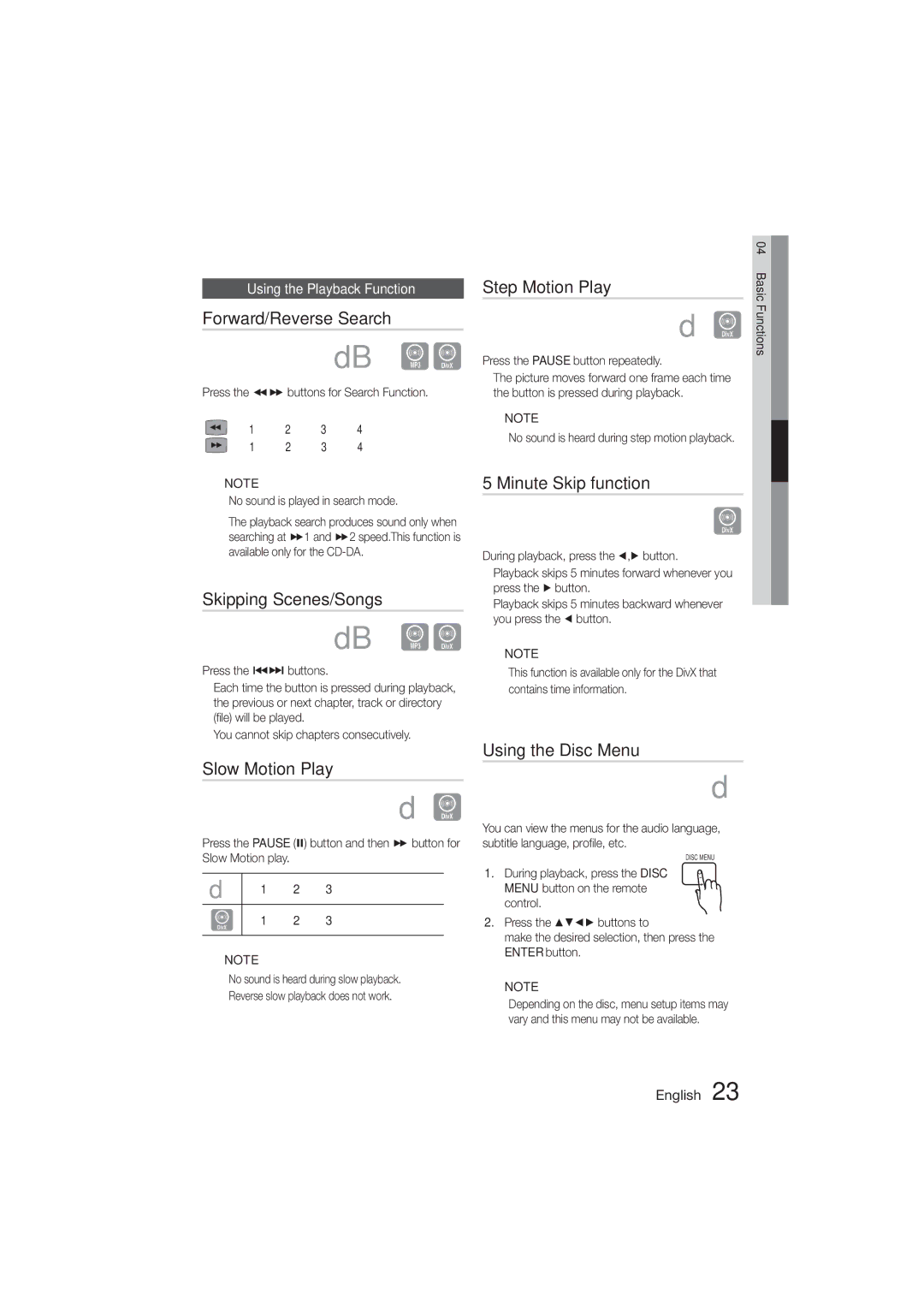 Samsung HT-E330K/UM Forward/Reverse Search, Skipping Scenes/Songs, Slow Motion Play, Step Motion Play, Using the Disc Menu 