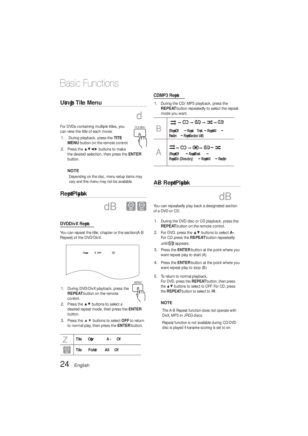 Samsung HT-E330K/SQ, HT-E330K/ZN, HT-E330K/SJ manual Using the Title Menu, Repeat Playback, DVD/DivX Repeat, CD/MP3 Repeat 