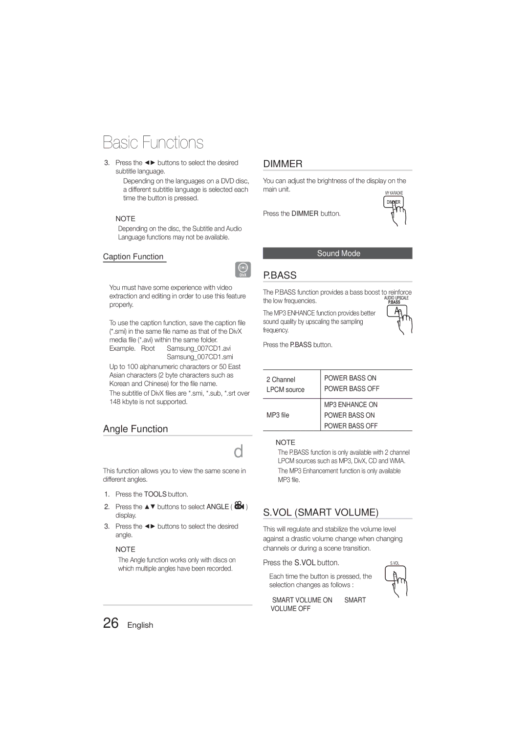 Samsung HT-E330K/SJ, HT-E330K/ZN, HT-E330K/KE manual Angle Function, Caption Function, Sound Mode, Press the S.VOL button 