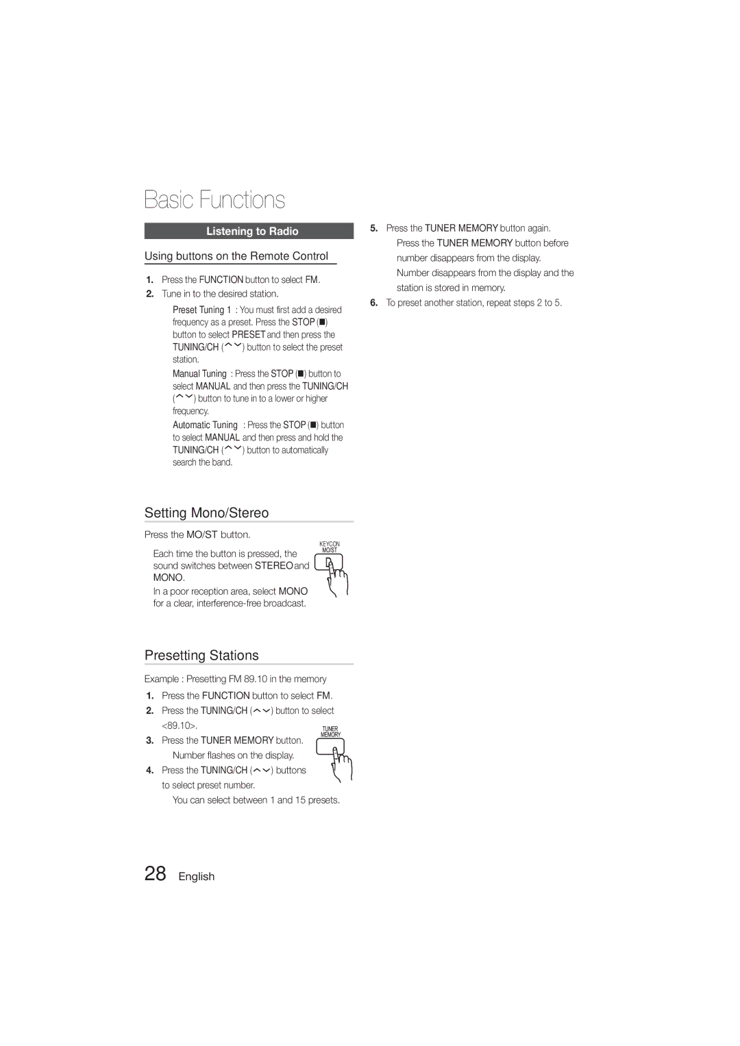 Samsung HT-E330K/UM Setting Mono/Stereo, Presetting Stations, Listening to Radio, Using buttons on the Remote Control 