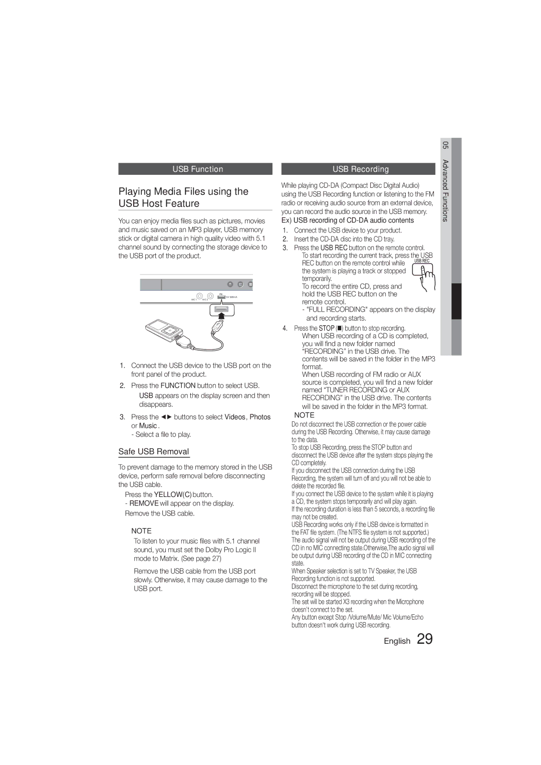 Samsung HT-E330K/SQ manual Playing Media Files using the USB Host Feature, USB Function, USB Recording, Safe USB Removal 