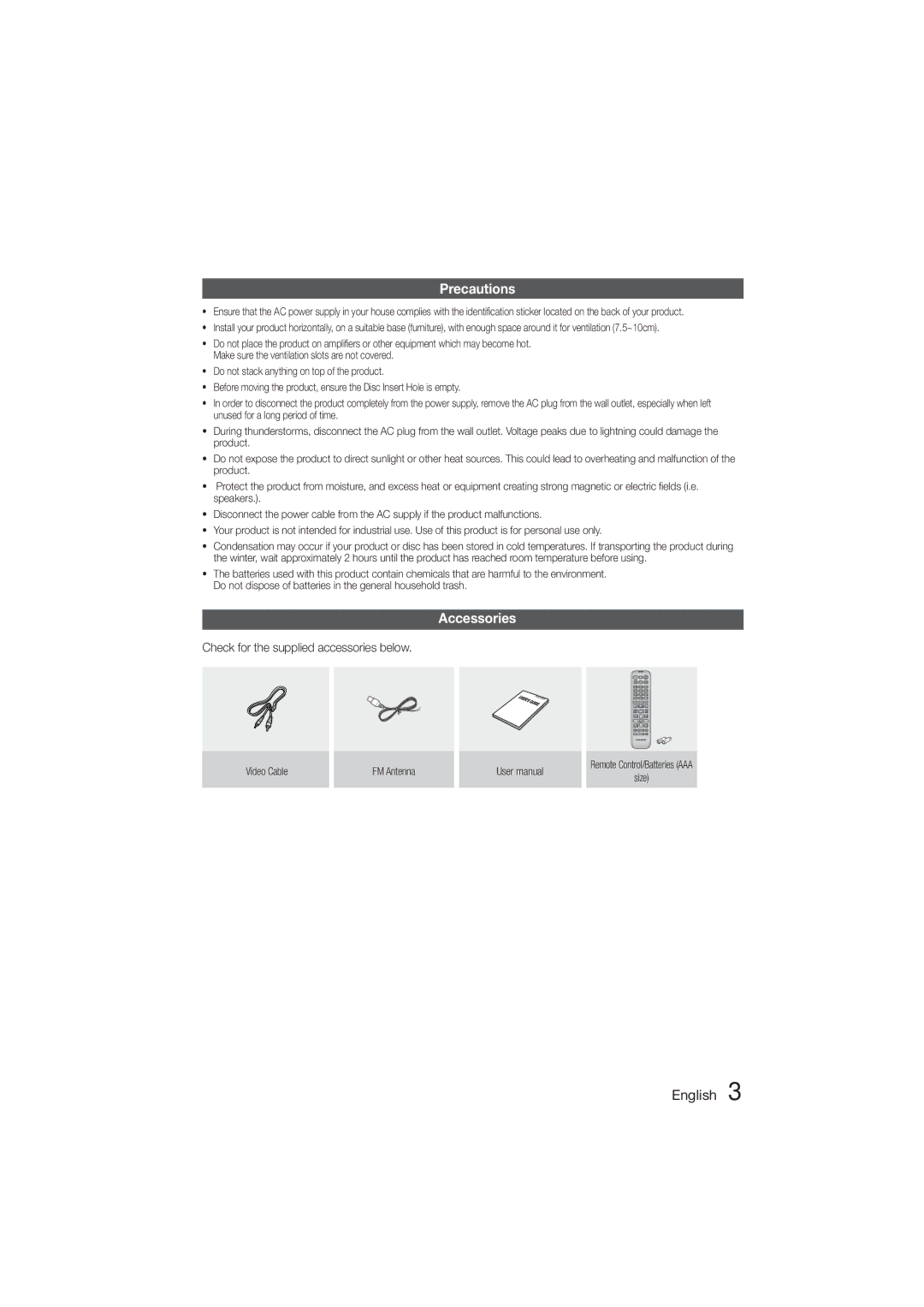 Samsung HT-E330K/UM, HT-E330K/ZN, HT-E330K/SJ manual Precautions, Accessories, Check for the supplied accessories below 