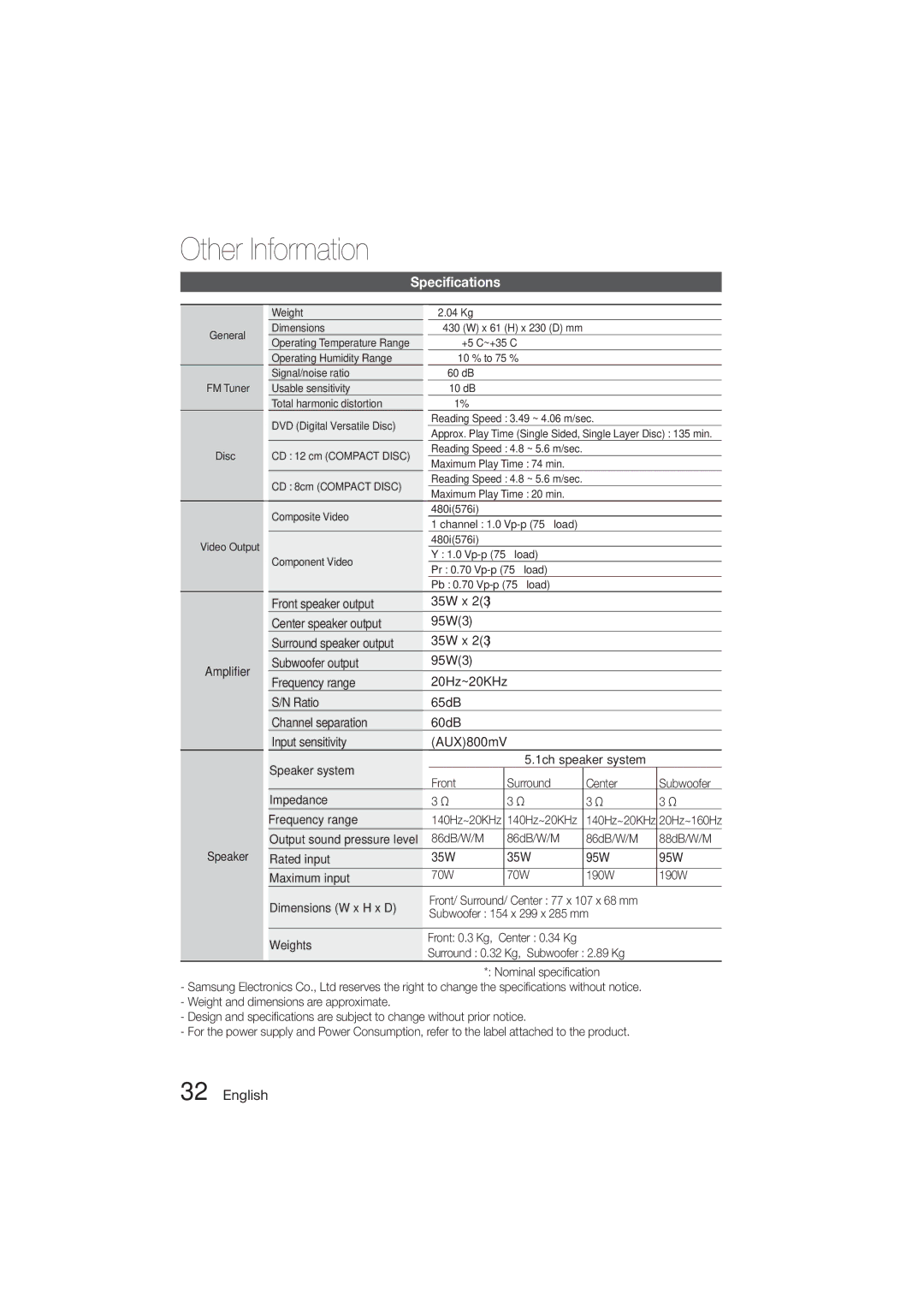 Samsung HT-E330K/KE, HT-E330K/ZN, HT-E330K/SJ, HT-E330K/UM, HT-E330K/SQ manual Specifications 