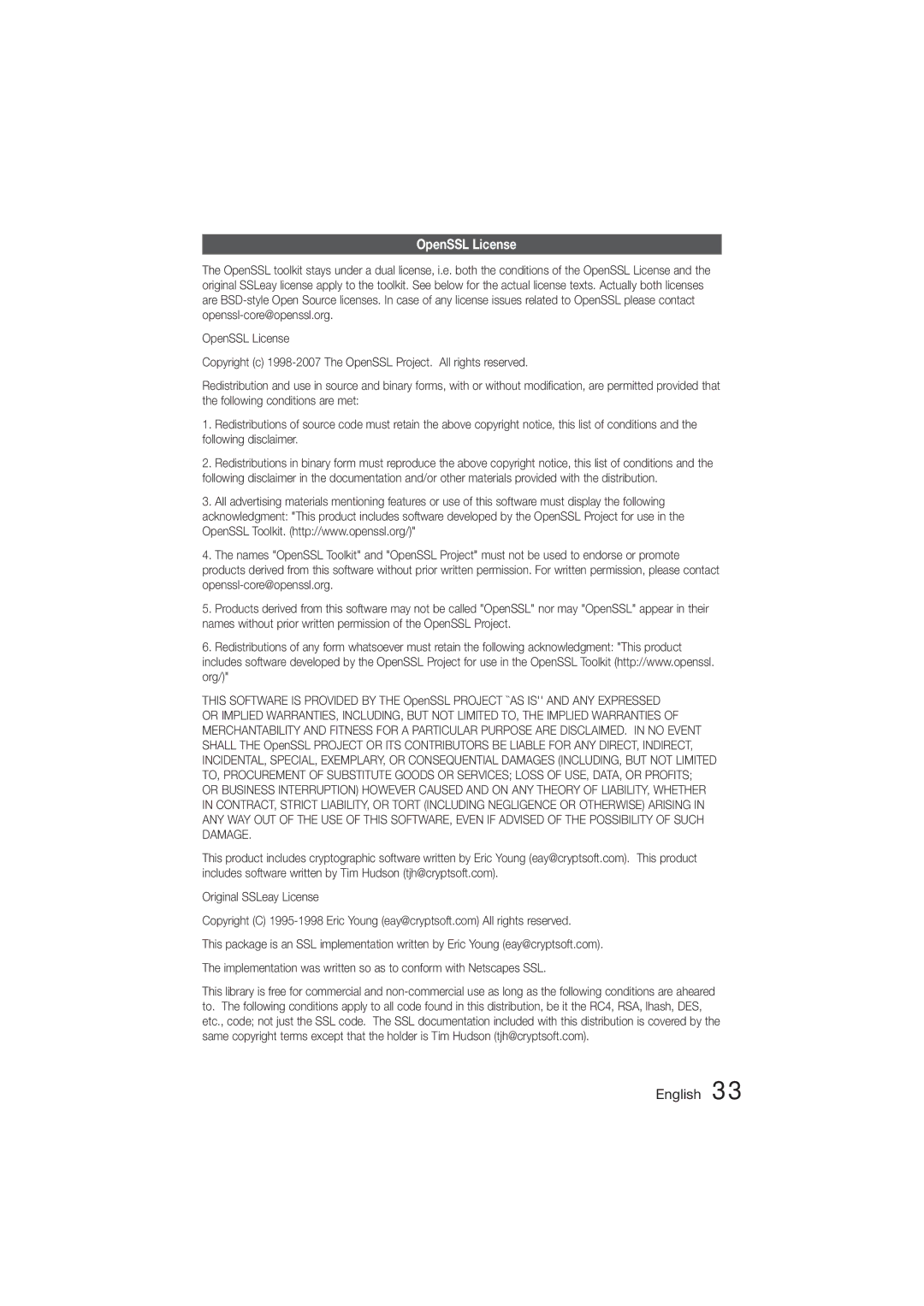 Samsung HT-E330K/UM, HT-E330K/ZN, HT-E330K/SJ, HT-E330K/KE, HT-E330K/SQ manual OpenSSL License 