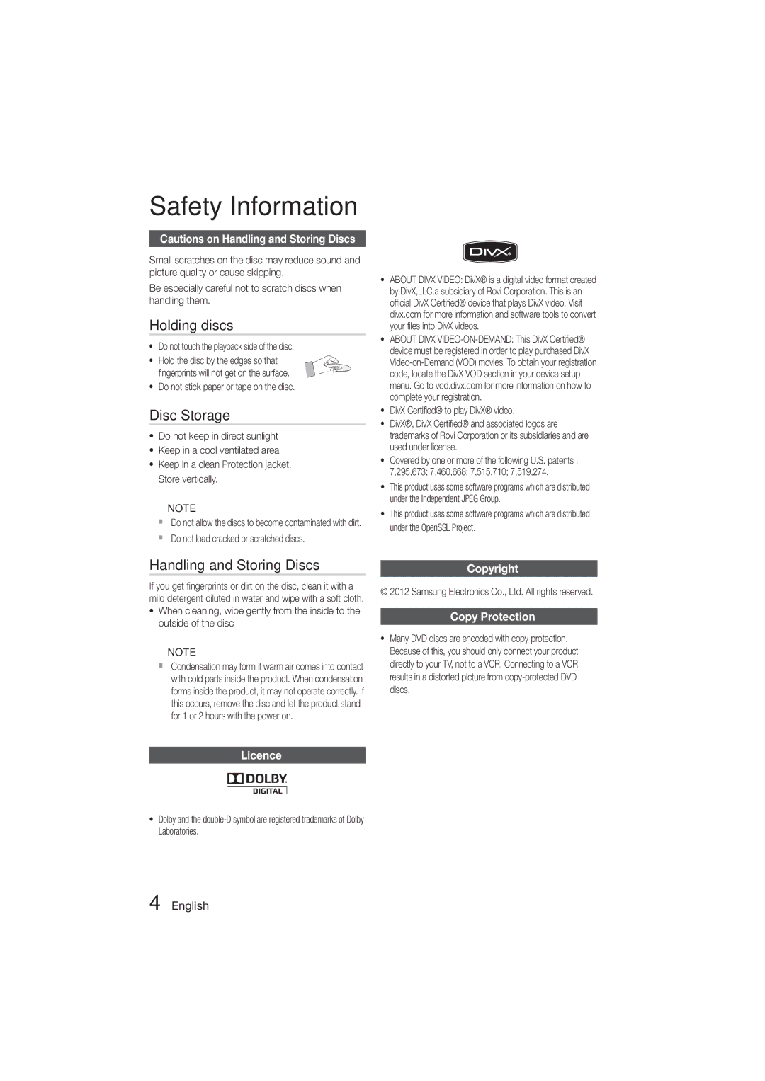 Samsung HT-E330K/SQ manual Holding discs, Disc Storage, Handling and Storing Discs, Licence, Copyright Copy Protection 