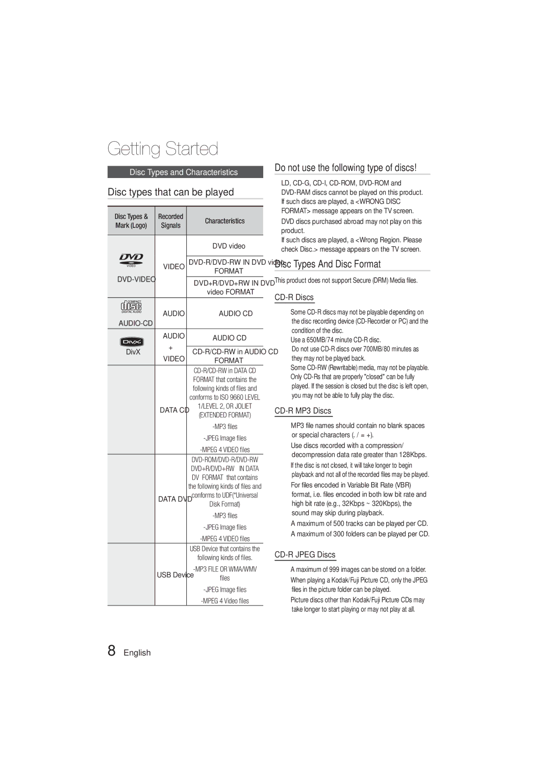 Samsung HT-E330K/UM Disc types that can be played, Do not use the following type of discs, Disc Types And Disc Format 