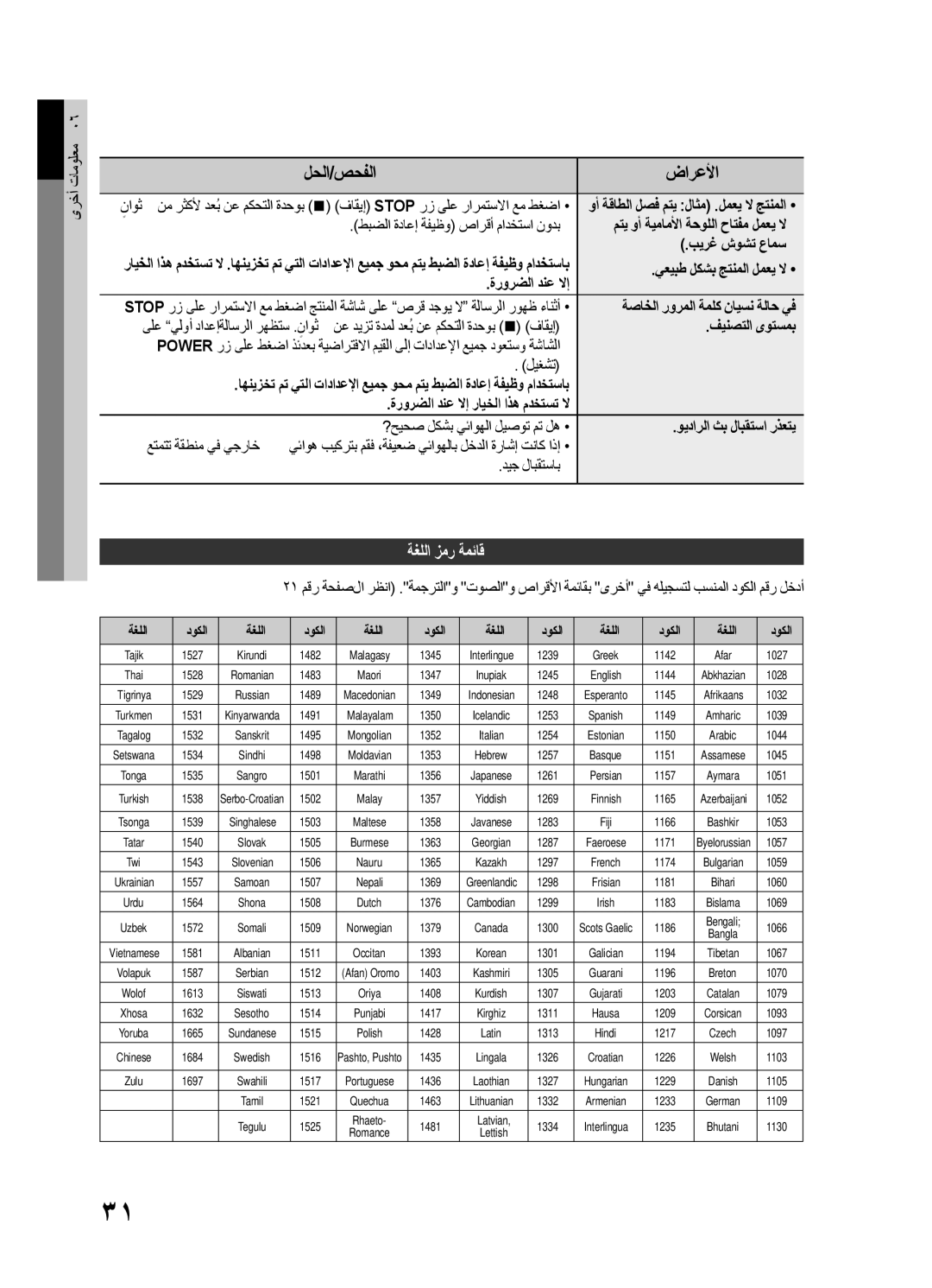 Samsung HT-E330K/UM, HT-E330K/ZN, HT-E330K/SJ, HT-E330K/KE manual ةغللا زمر ةمئاق 