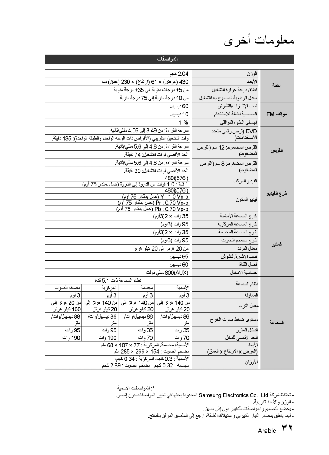 Samsung HT-E330K/ZN, HT-E330K/SJ, HT-E330K/KE, HT-E330K/UM manual تافصاوملا, Fm فلاوم, صرقلا 