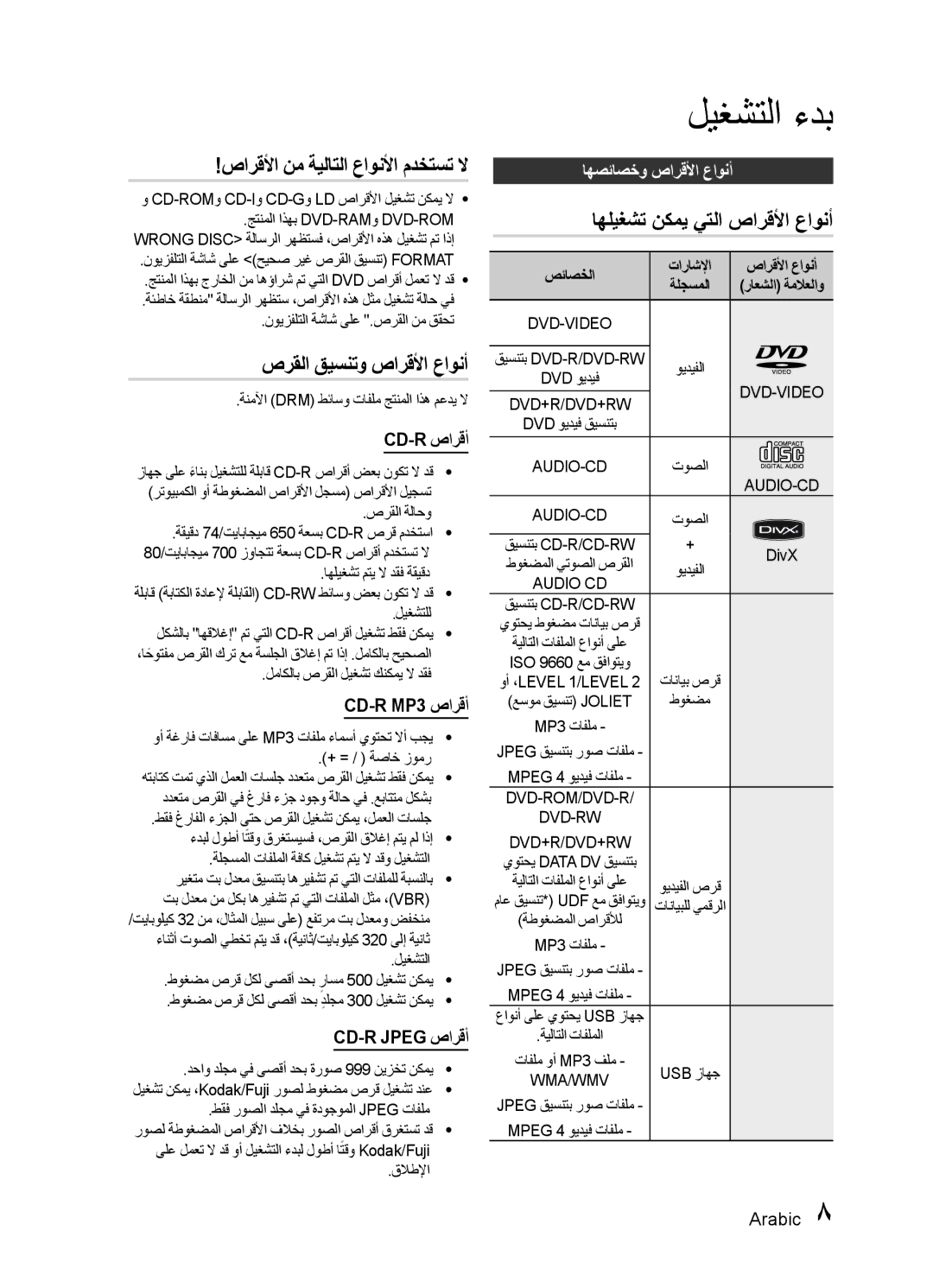 Samsung HT-E330K/ZN, HT-E330K/SJ صرقلا قيسنتو صارقلأا عاونأ, اهليغشت نكمي يتلا صارقلأا عاونأ, Cd-R صارقأ, CD-R MP3 صارقأ 