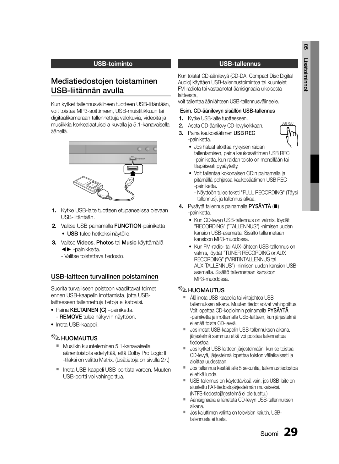 Samsung HT-E330/XE manual Mediatiedostojen toistaminen, USB-liitännän avulla, USB-toiminto USB-tallennus 