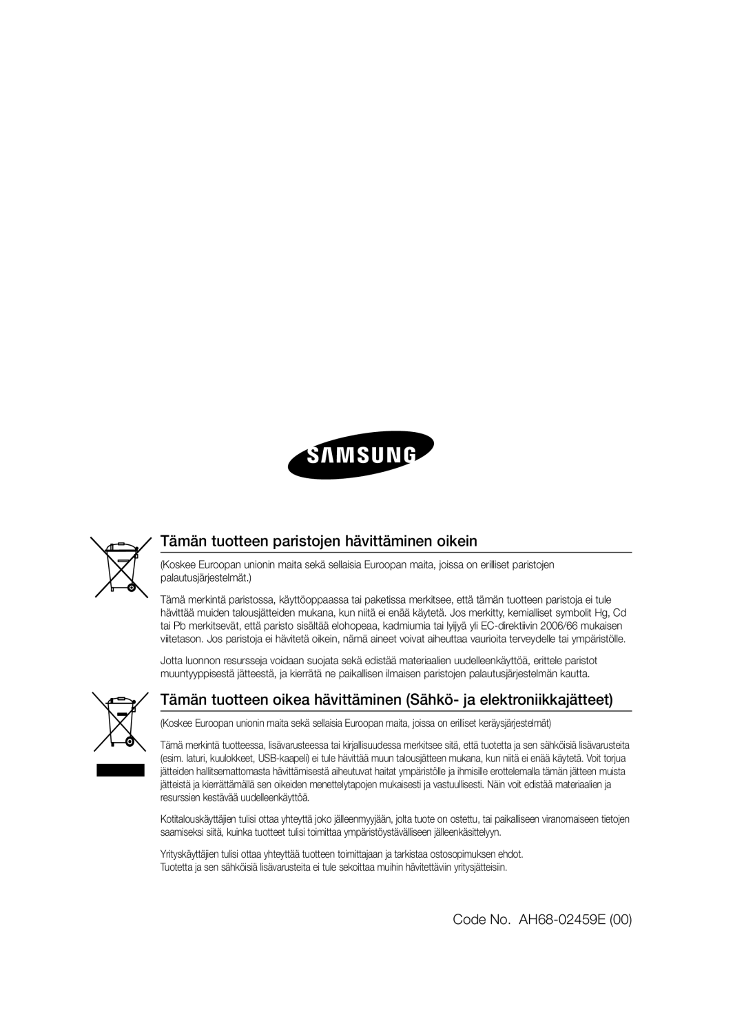 Samsung HT-E330/XE manual Tämän tuotteen paristojen hävittäminen oikein, Code No. AH68-02459E 