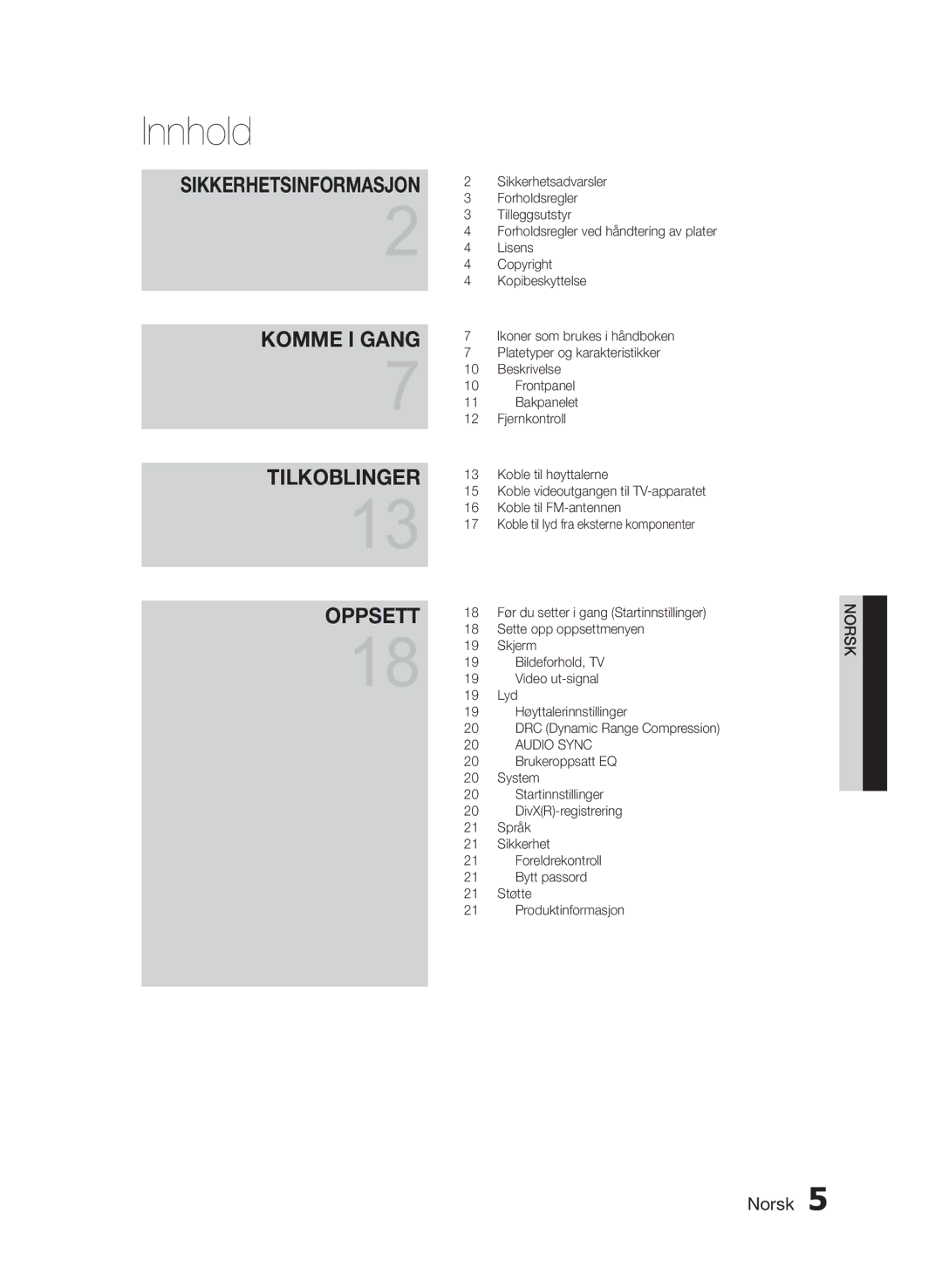 Samsung HT-E330/XE manual Innhold, Sikkerhetsinformasjon Komme I Gang Tilkoblinger Oppsett 