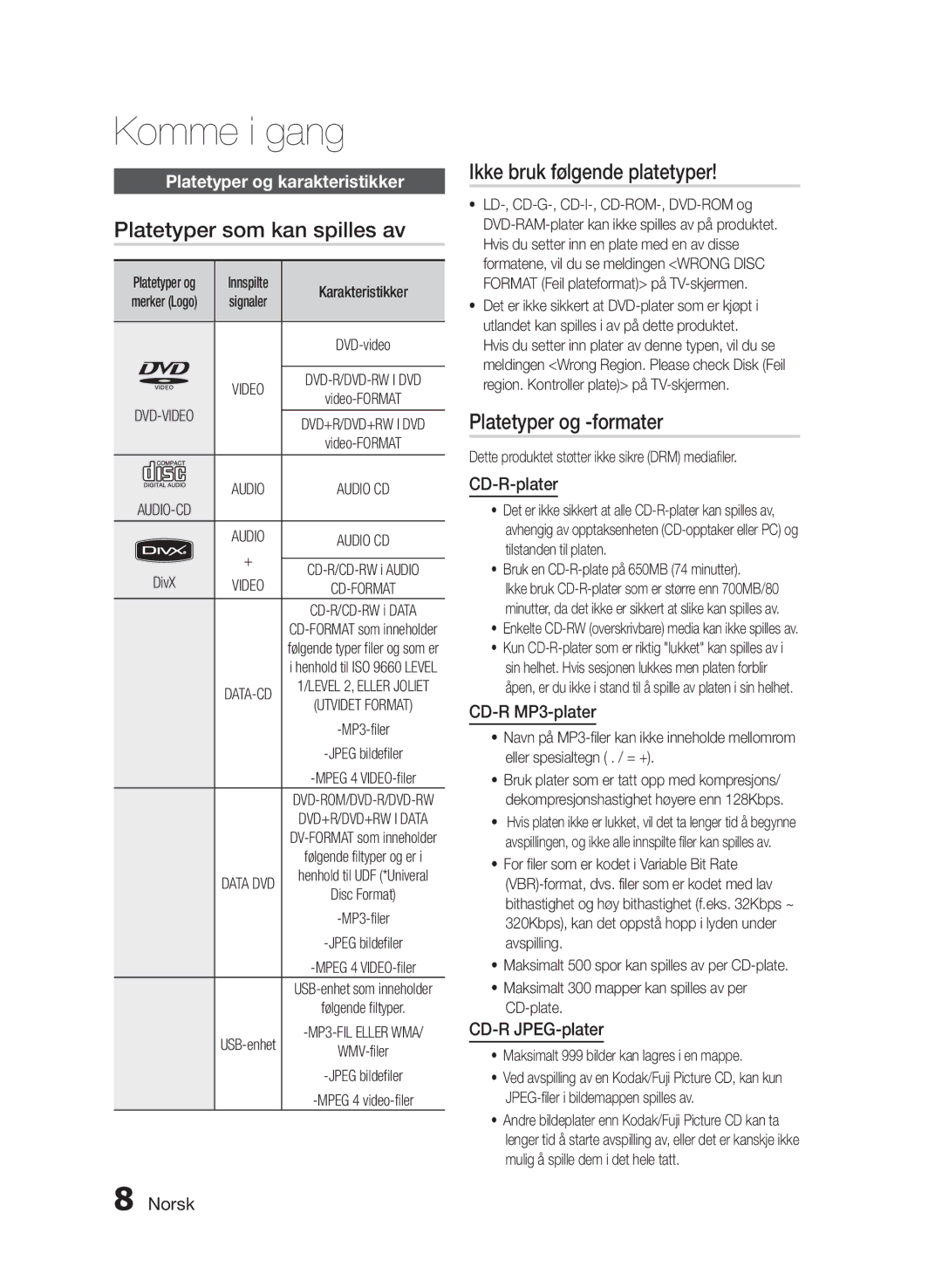 Samsung HT-E330/XE manual Platetyper som kan spilles av, Ikke bruk følgende platetyper, Platetyper og -formater 