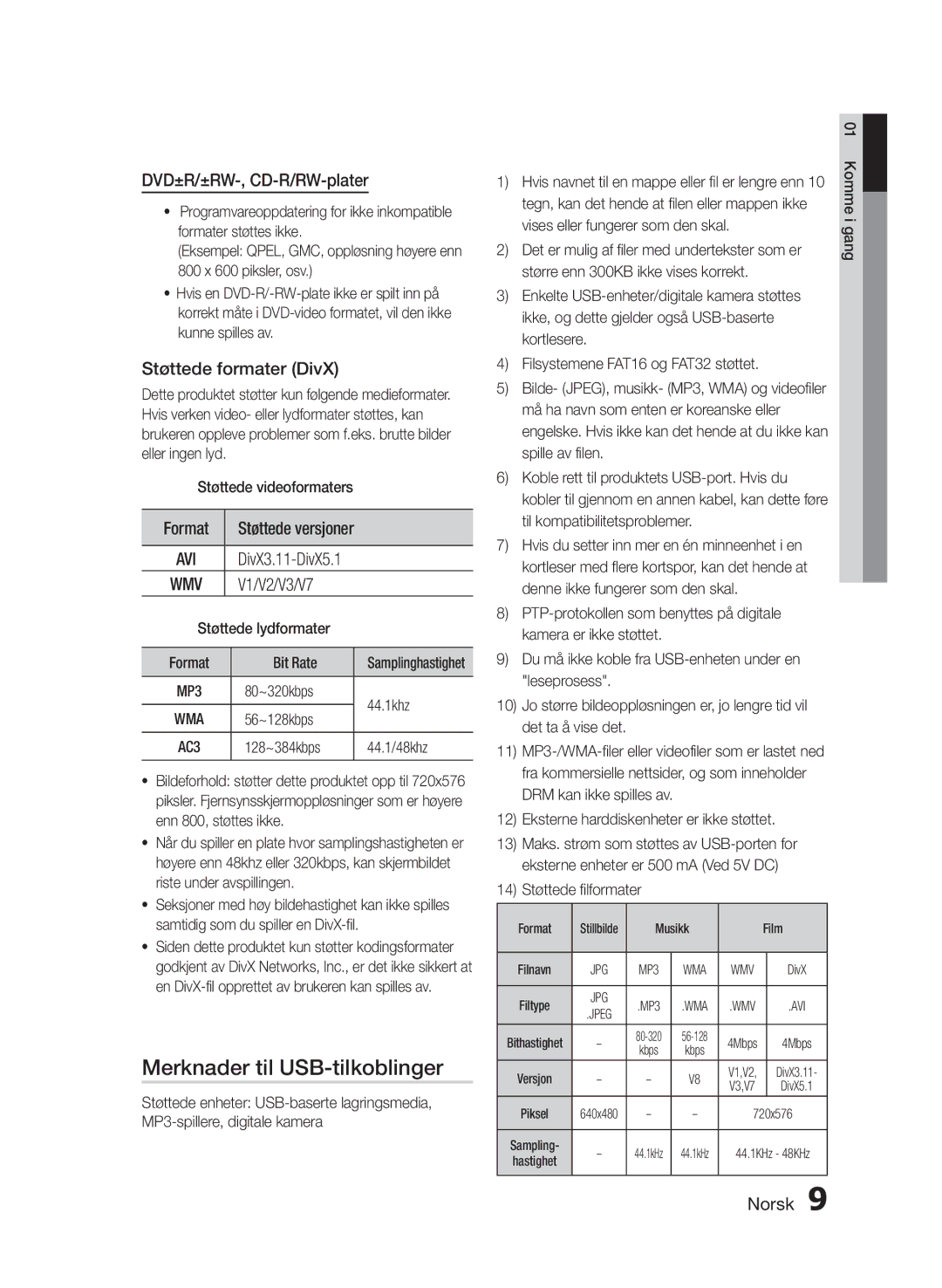 Samsung HT-E330/XE manual Merknader til USB-tilkoblinger, DVD±R/±RW-, CD-R/RW-plater, Støttede formater DivX 