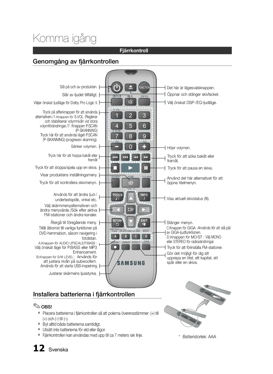 Samsung HT-E330/XE manual Genomgång av fjärrkontrollen, Installera batterierna i fjärrkontrollen, Fjärrkontroll 