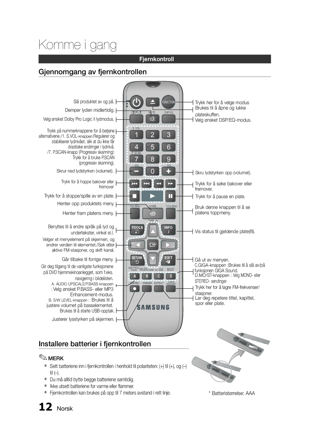 Samsung HT-E330/XE manual Gjennomgang av fjernkontrollen, Installere batterier i fjernkontrollen, Fjernkontroll 