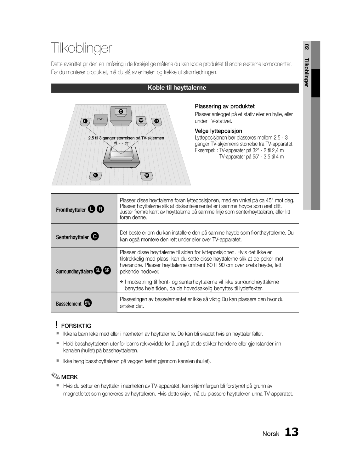 Samsung HT-E330/XE manual Tilkoblinger, Koble til høyttalerne, Forsiktig 