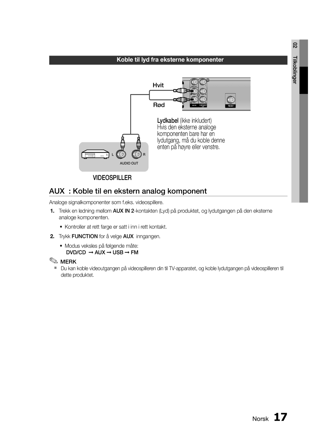 Samsung HT-E330/XE manual AUX Koble til en ekstern analog komponent, Koble til lyd fra eksterne komponenter 