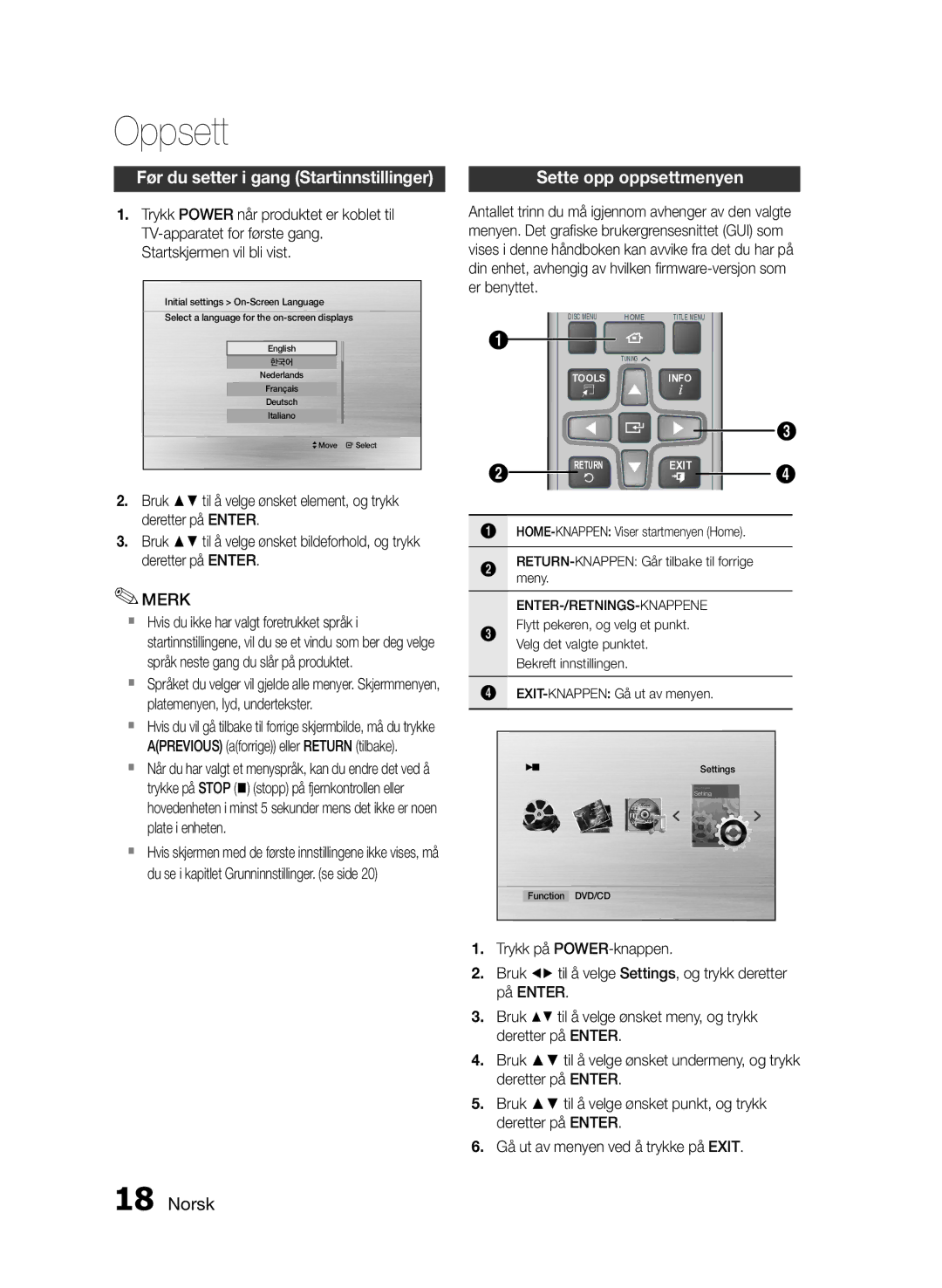 Samsung HT-E330/XE manual Oppsett, Før du setter i gang Startinnstillinger, Sette opp oppsettmenyen 