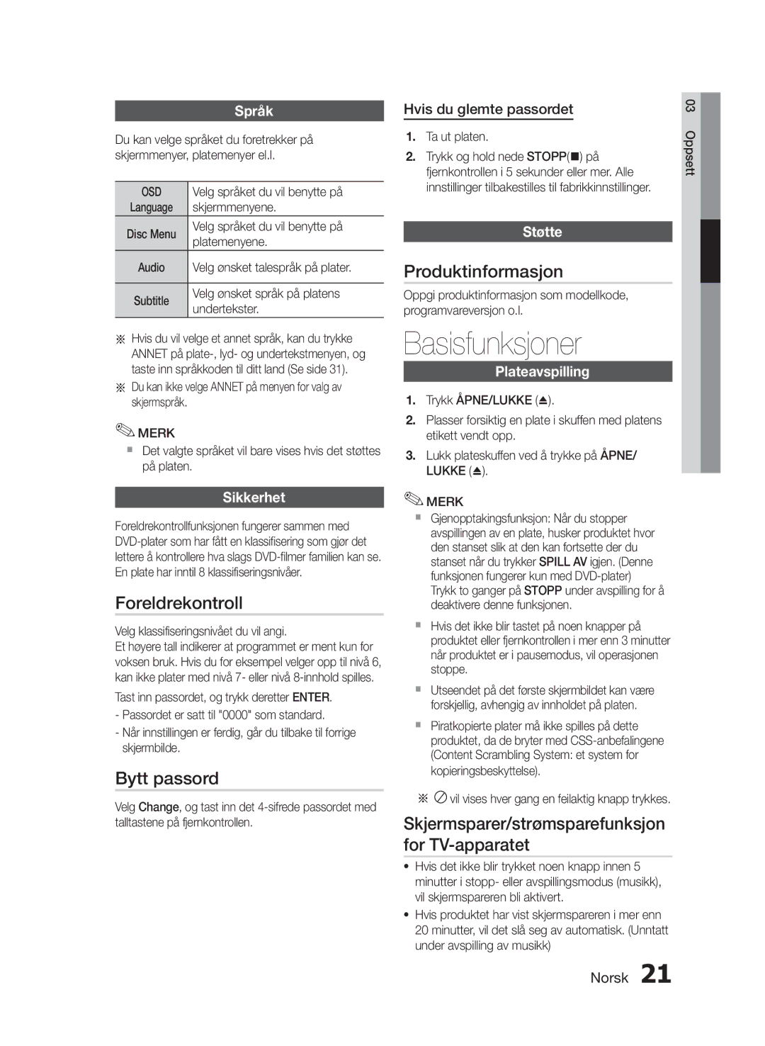 Samsung HT-E330/XE manual Basisfunksjoner, Foreldrekontroll, Bytt passord, Produktinformasjon 