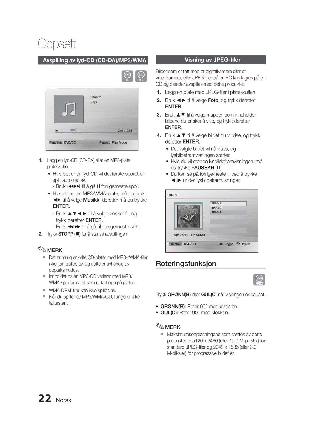 Samsung HT-E330/XE manual Roteringsfunksjon, Avspilling av lyd-CD CD-DA/MP3/WMA, Visning av JPEG-filer 