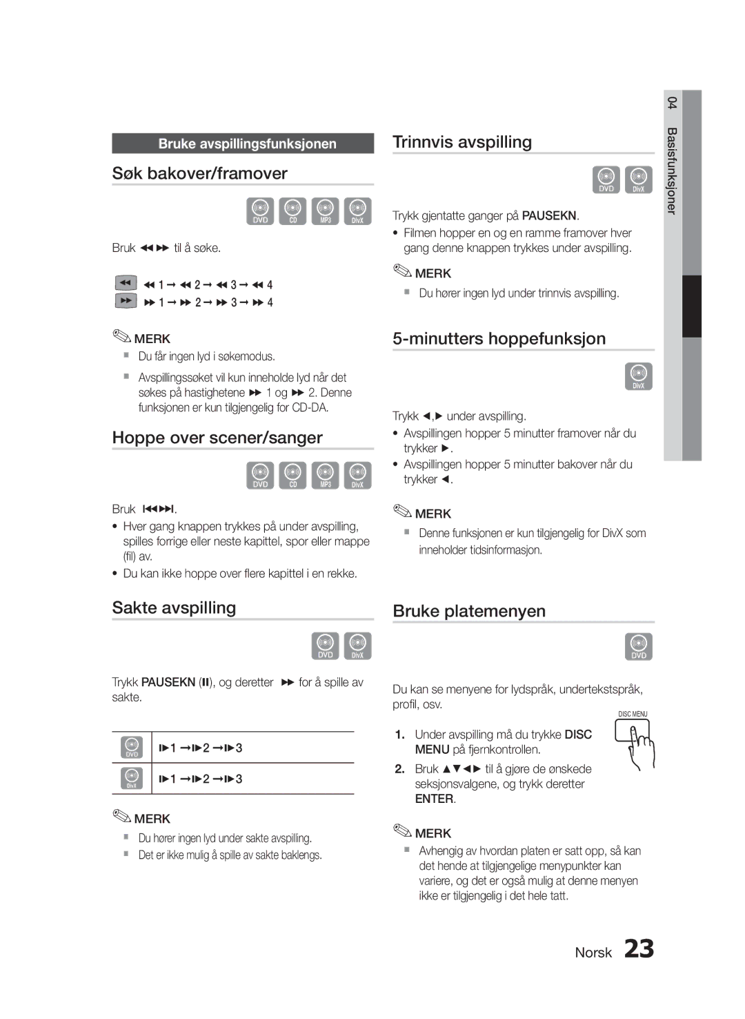 Samsung HT-E330/XE manual Hoppe over scener/sanger, Trinnvis avspilling, Minutters hoppefunksjon, Sakte avspilling 