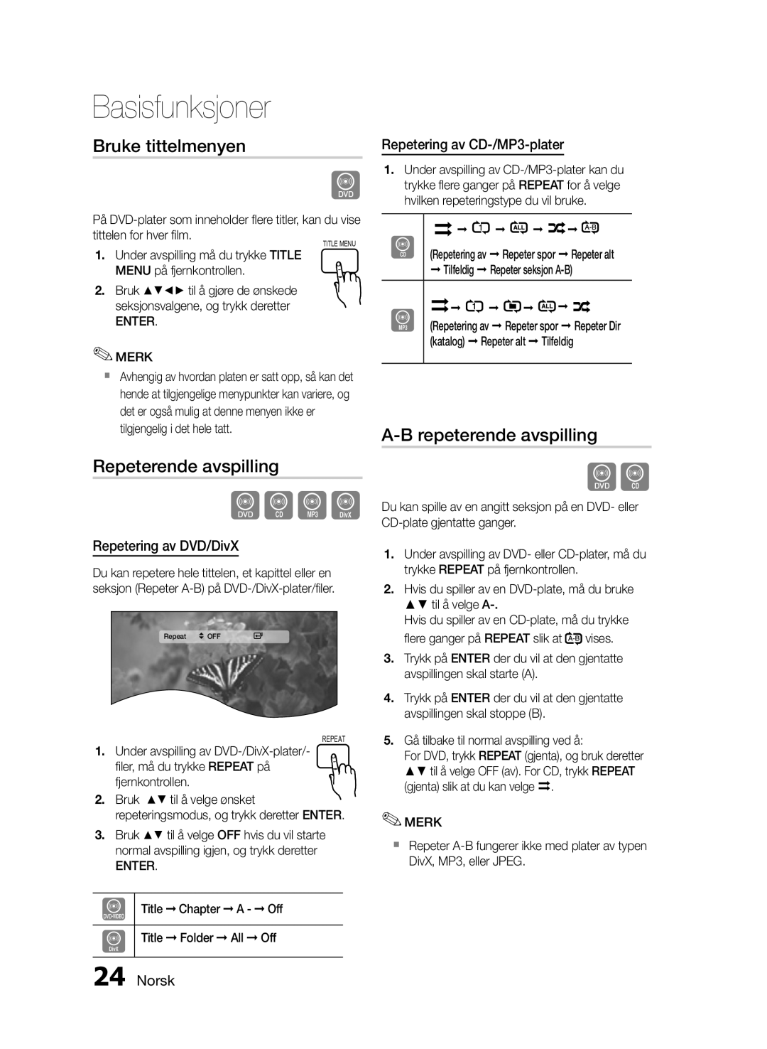 Samsung HT-E330/XE manual Bruke tittelmenyen, Repeterende avspilling, Repetering av DVD/DivX, Repetering av CD-/MP3-plater 