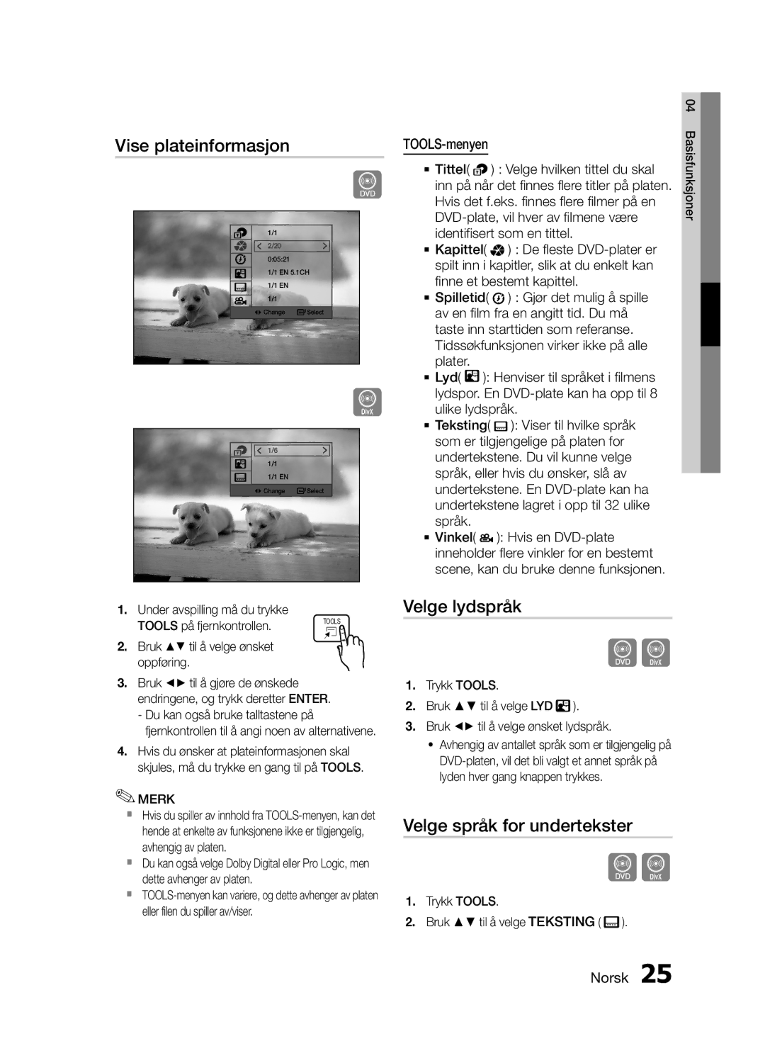 Samsung HT-E330/XE manual Vise plateinformasjon, Velge lydspråk, Velge språk for undertekster 