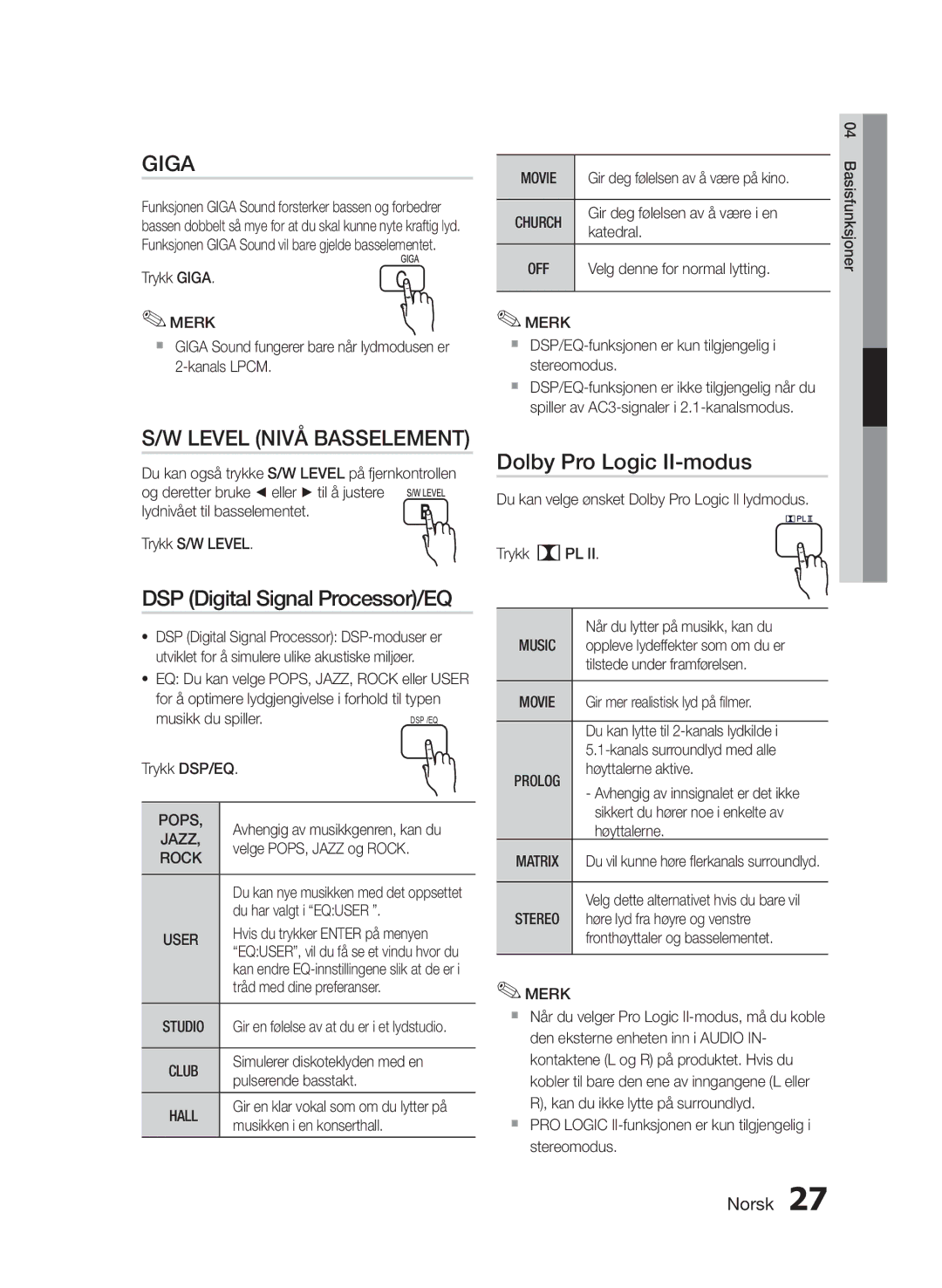 Samsung HT-E330/XE manual Level Nivå Basselement, Dolby Pro Logic II-modus 