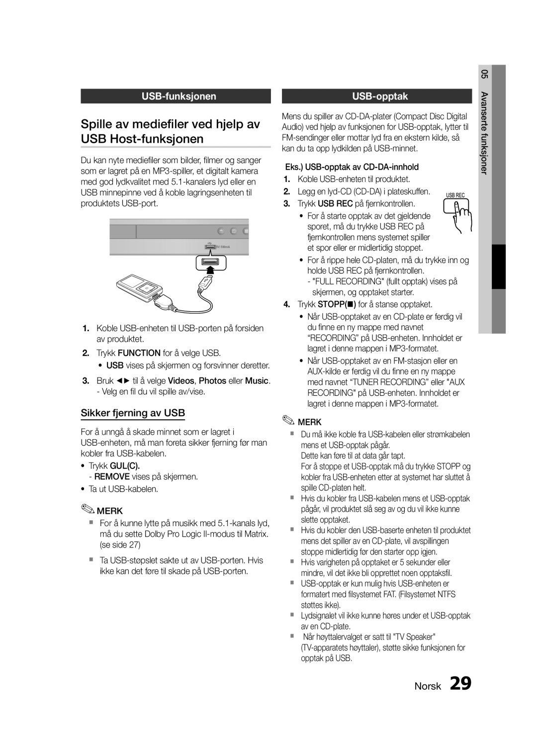 Samsung HT-E330/XE manual Spille av mediefiler ved hjelp av, USB Host-funksjonen, USB-funksjonen USB-opptak 