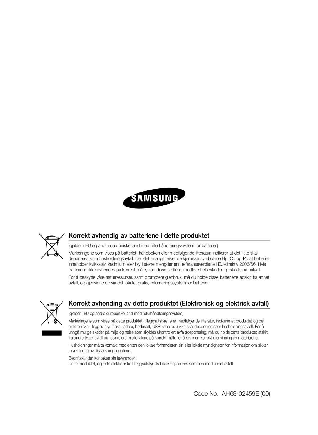 Samsung HT-E330/XE manual Korrekt avhendig av batteriene i dette produktet, Code No. AH68-02459E 