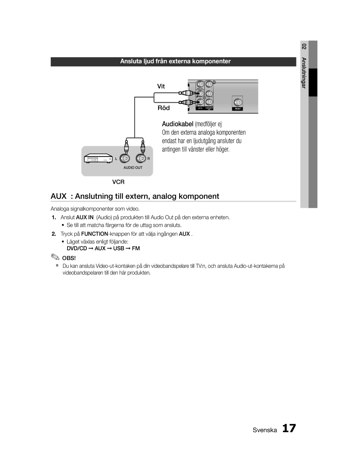 Samsung HT-E330/XE manual AUX Anslutning till extern, analog komponent, Audiokabel medföljer ej, Vcr 