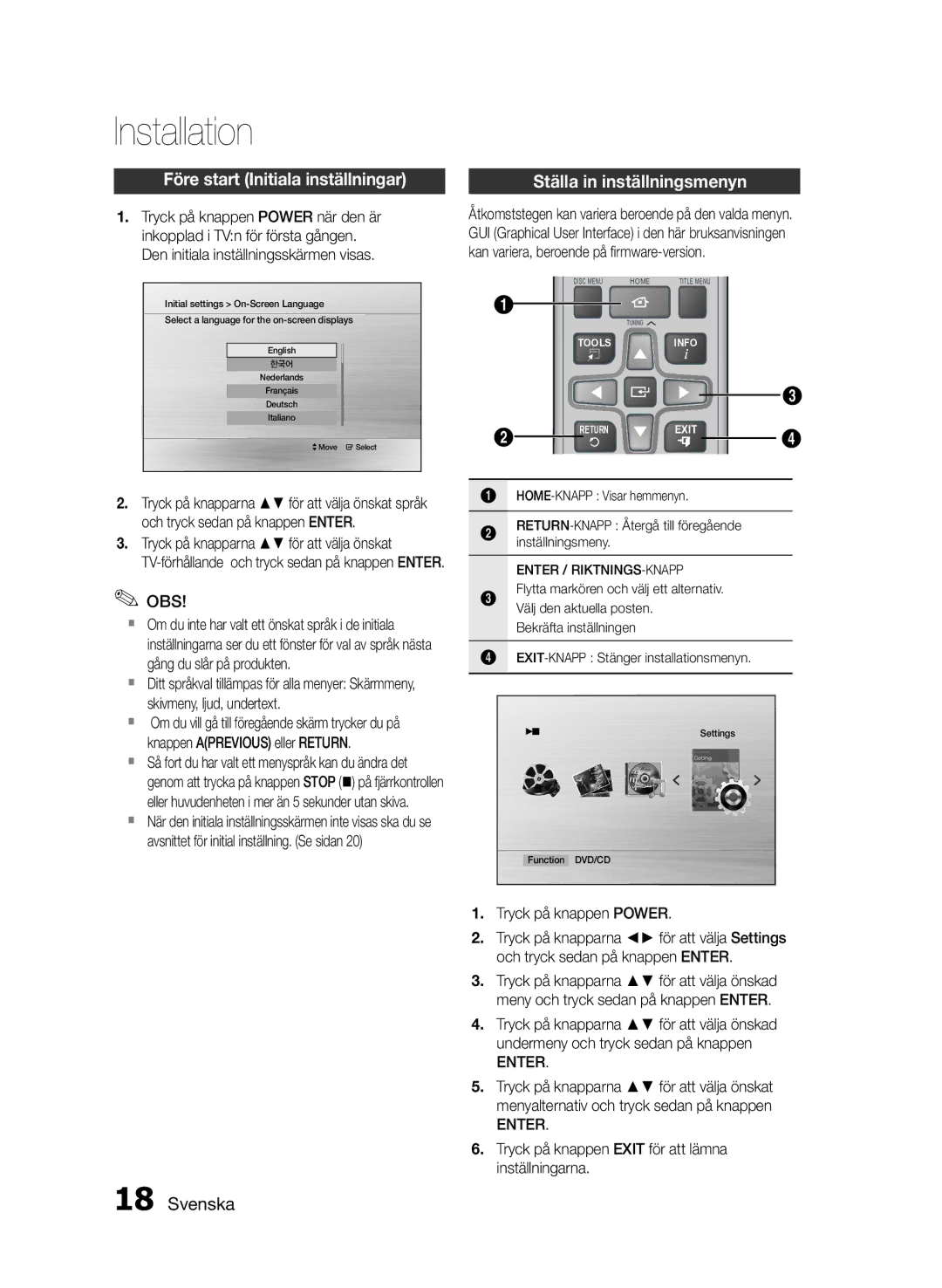 Samsung HT-E330/XE manual Installation, Före start Initiala inställningar, Ställa in inställningsmenyn, Enter 