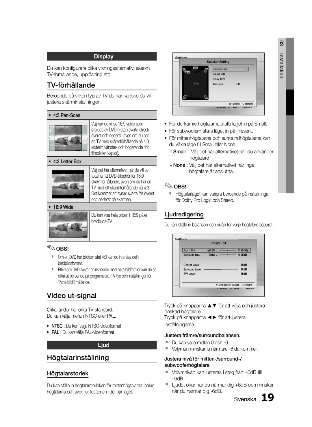 Samsung HT-E330/XE manual TV-förhållande, Video ut-signal, Högtalarinställning, Display, Ljud 