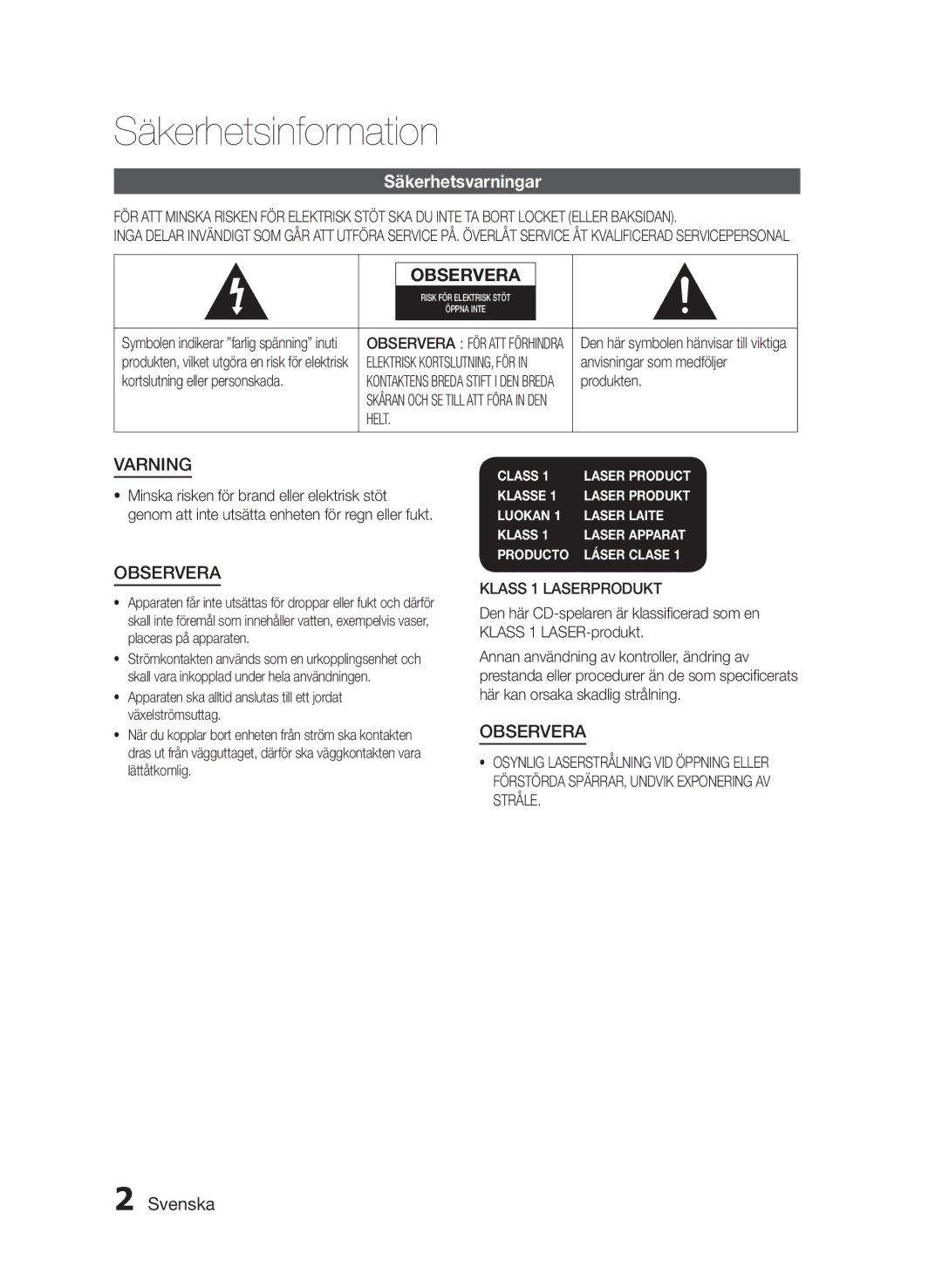 Samsung HT-E330/XE manual Säkerhetsinformation, Säkerhetsvarningar, Svenska, Helt, Klass 1 Laserprodukt 