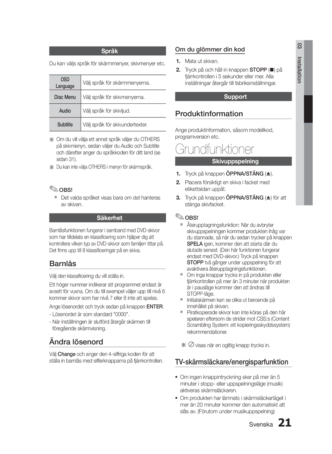 Samsung HT-E330/XE manual Grundfunktioner, Barnlås, Ändra lösenord, Produktinformation, TV-skärmsläckare/energisparfunktion 