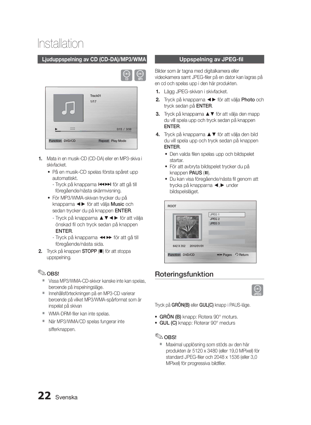 Samsung HT-E330/XE manual Roteringsfunktion, Uppspelning av JPEG-fil 