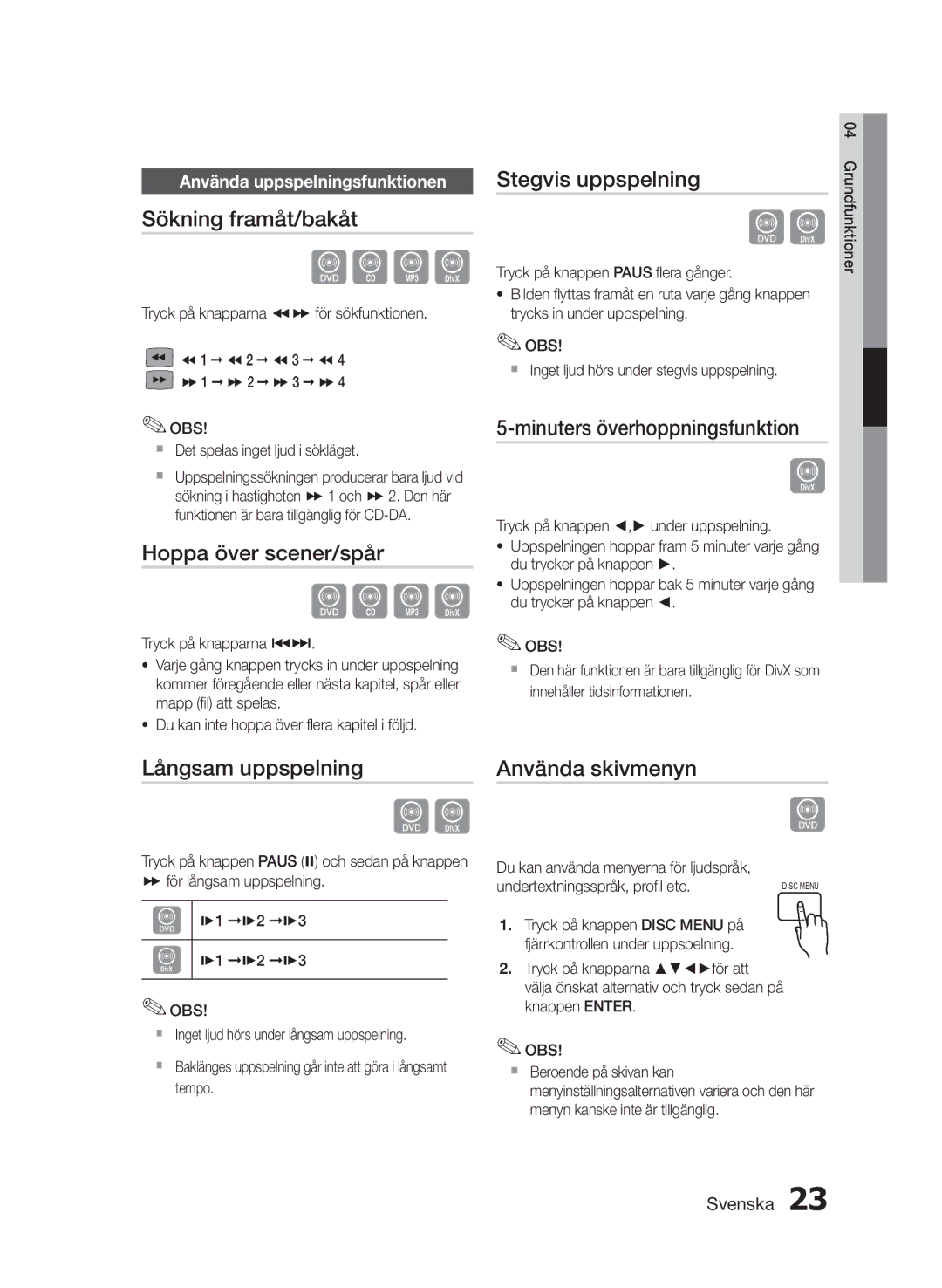 Samsung HT-E330/XE manual Sökning framåt/bakåt, Hoppa över scener/spår, Stegvis uppspelning, Minuters överhoppningsfunktion 