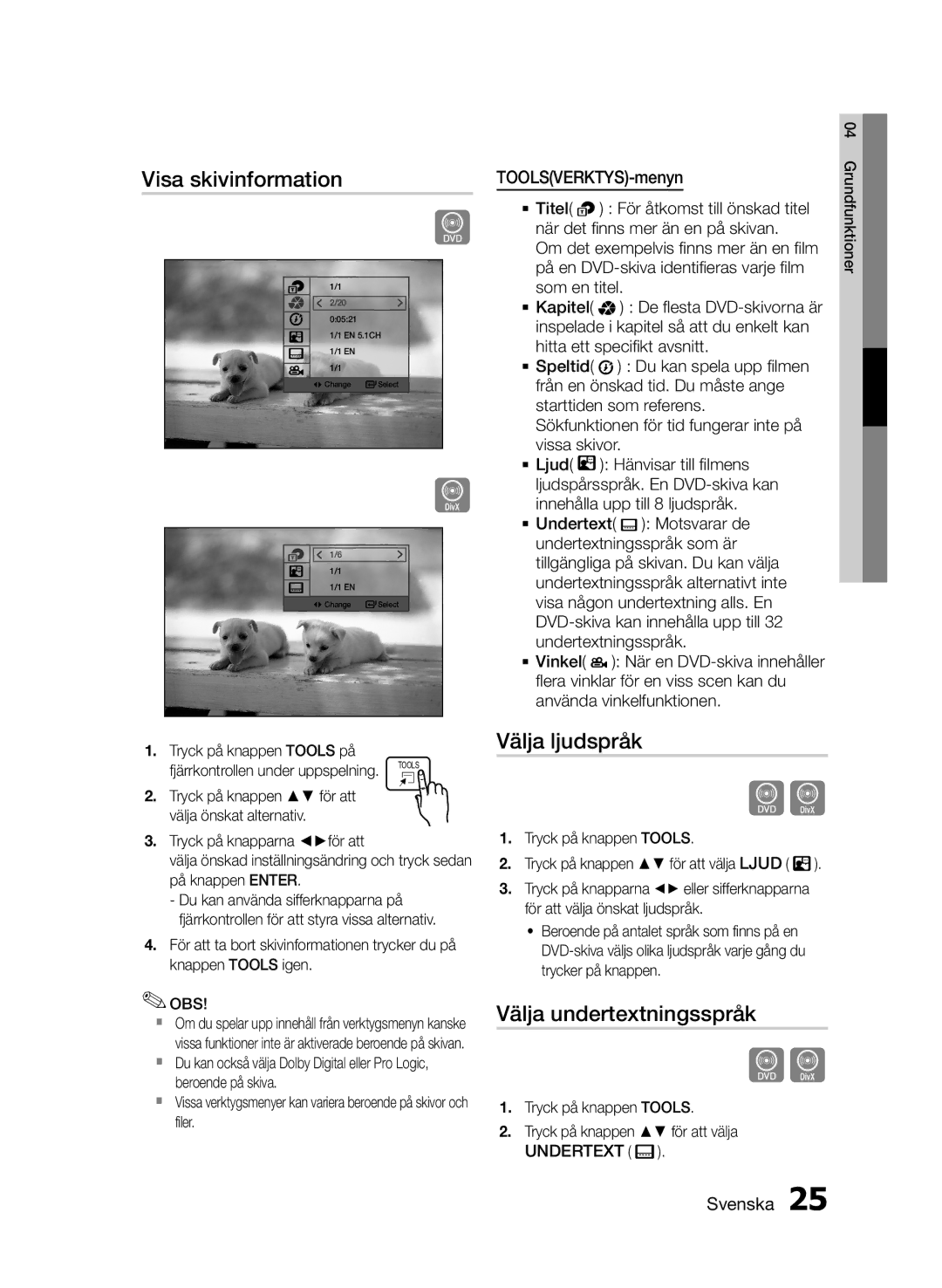 Samsung HT-E330/XE manual Visa skivinformation, Välja ljudspråk, Välja undertextningsspråk 