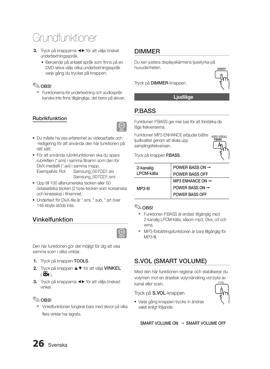 Samsung HT-E330/XE manual Dimmer, Vinkelfunktion, Bass, VOL Smart Volume, Ljudläge 